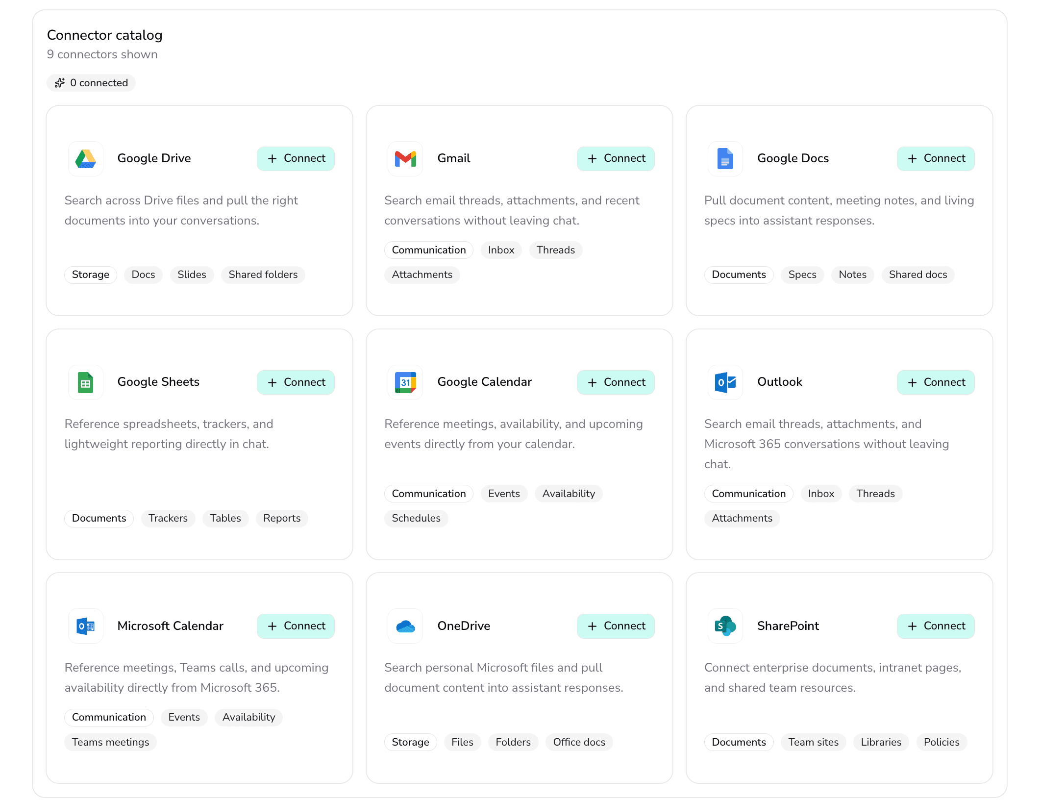 Connector catalog showing 9 workspace connectors with Connect buttons for Google and Microsoft services