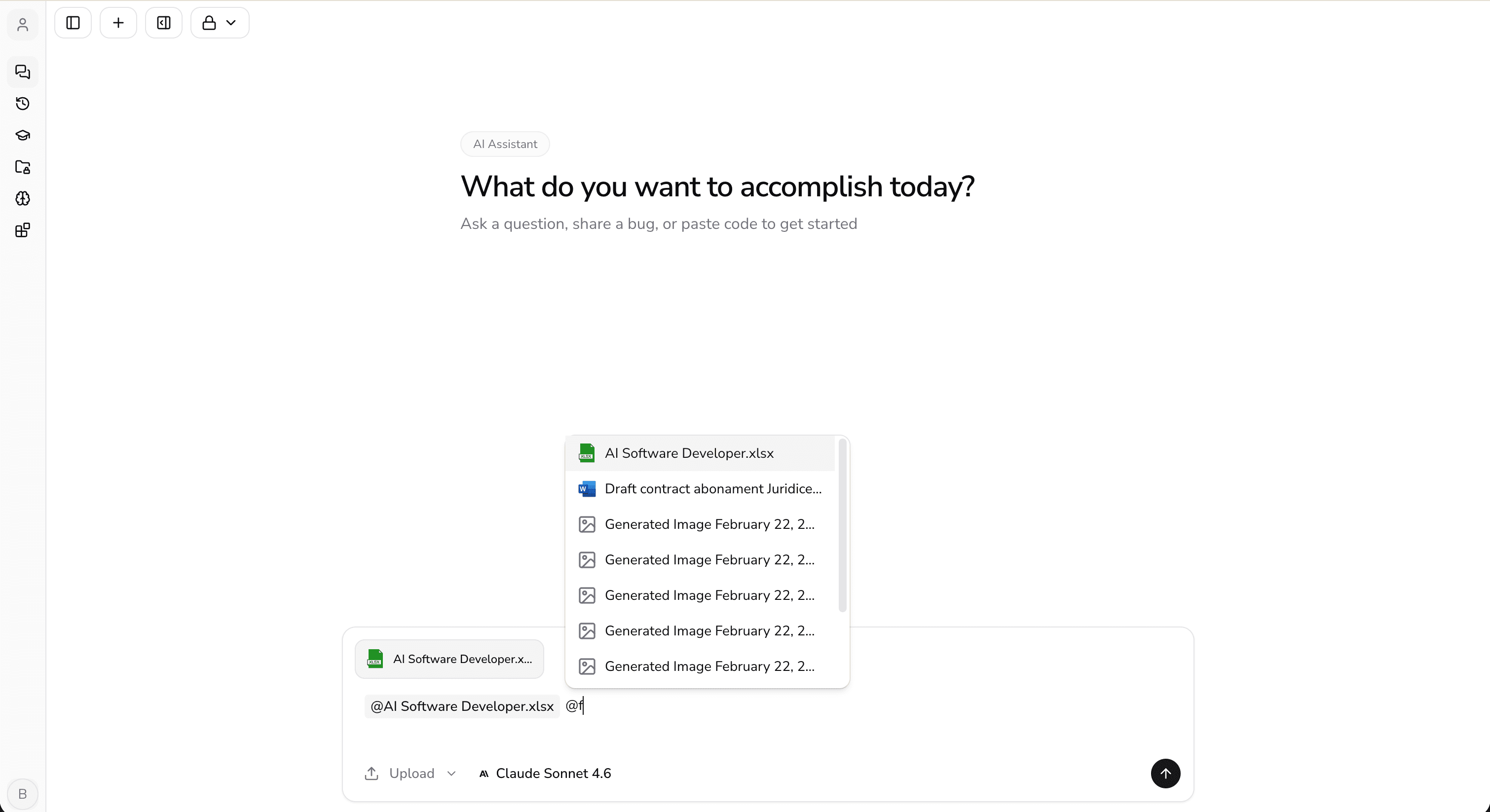 Chat input showing the @ file tagging autocomplete with previously uploaded files