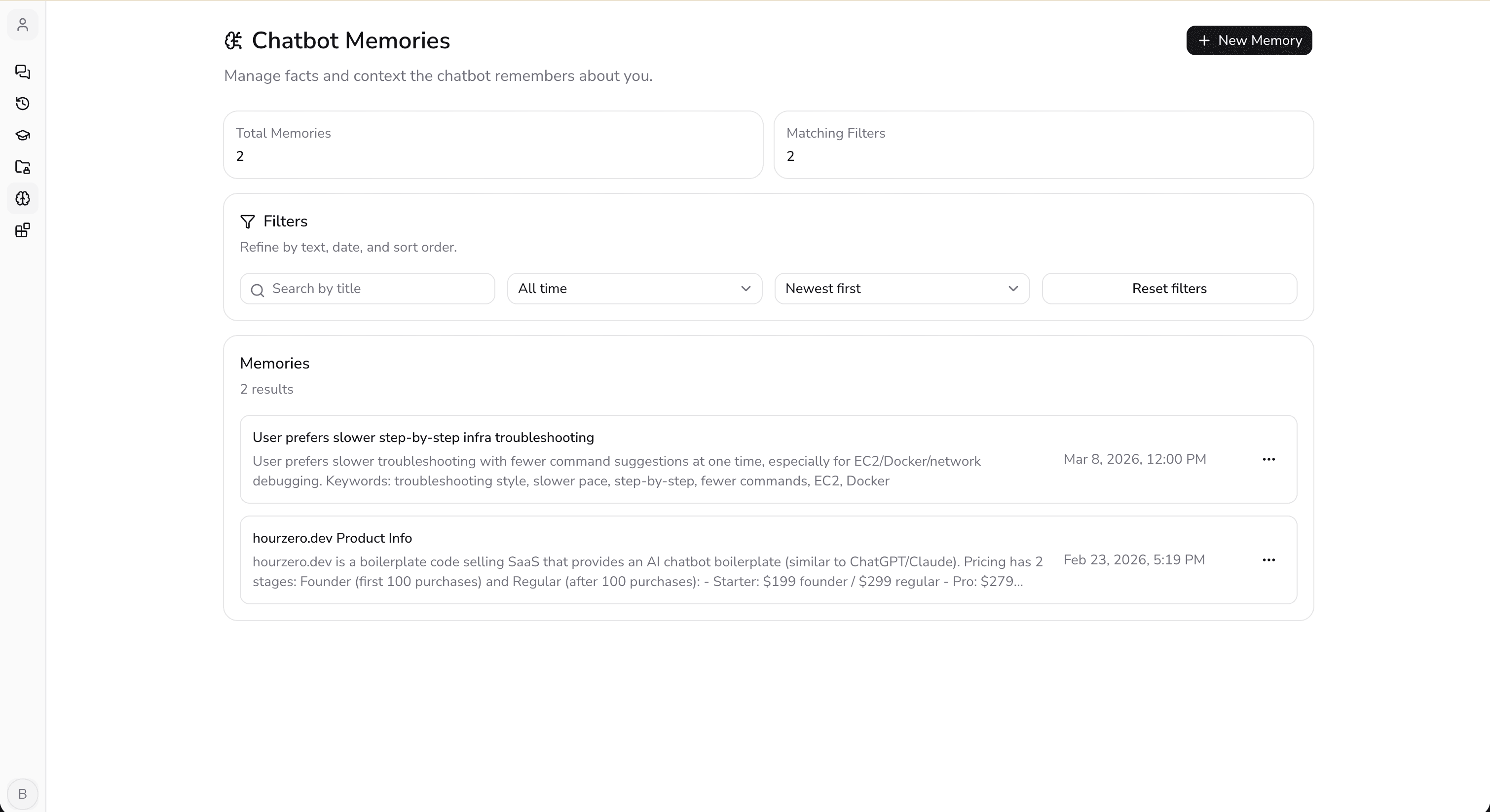 Chatbot Memories dashboard showing stored memories, search filters, and management controls