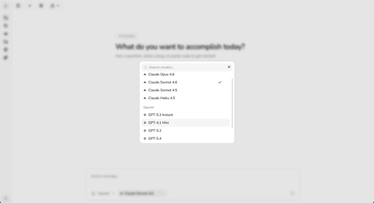 Model selector dropdown showing available AI models grouped by provider