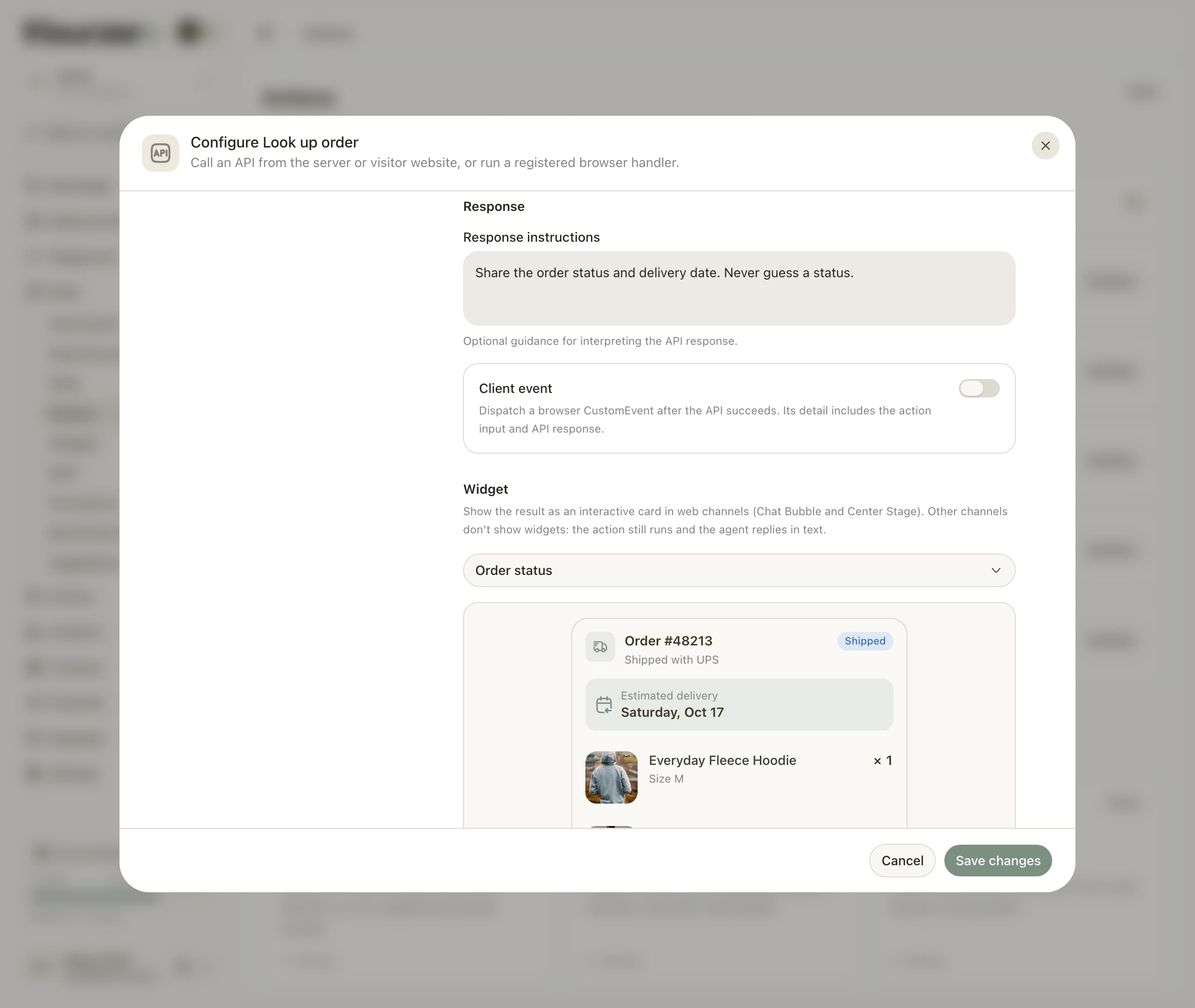 The Configure Look up order window, with Order status chosen under Widget and a preview of the order card