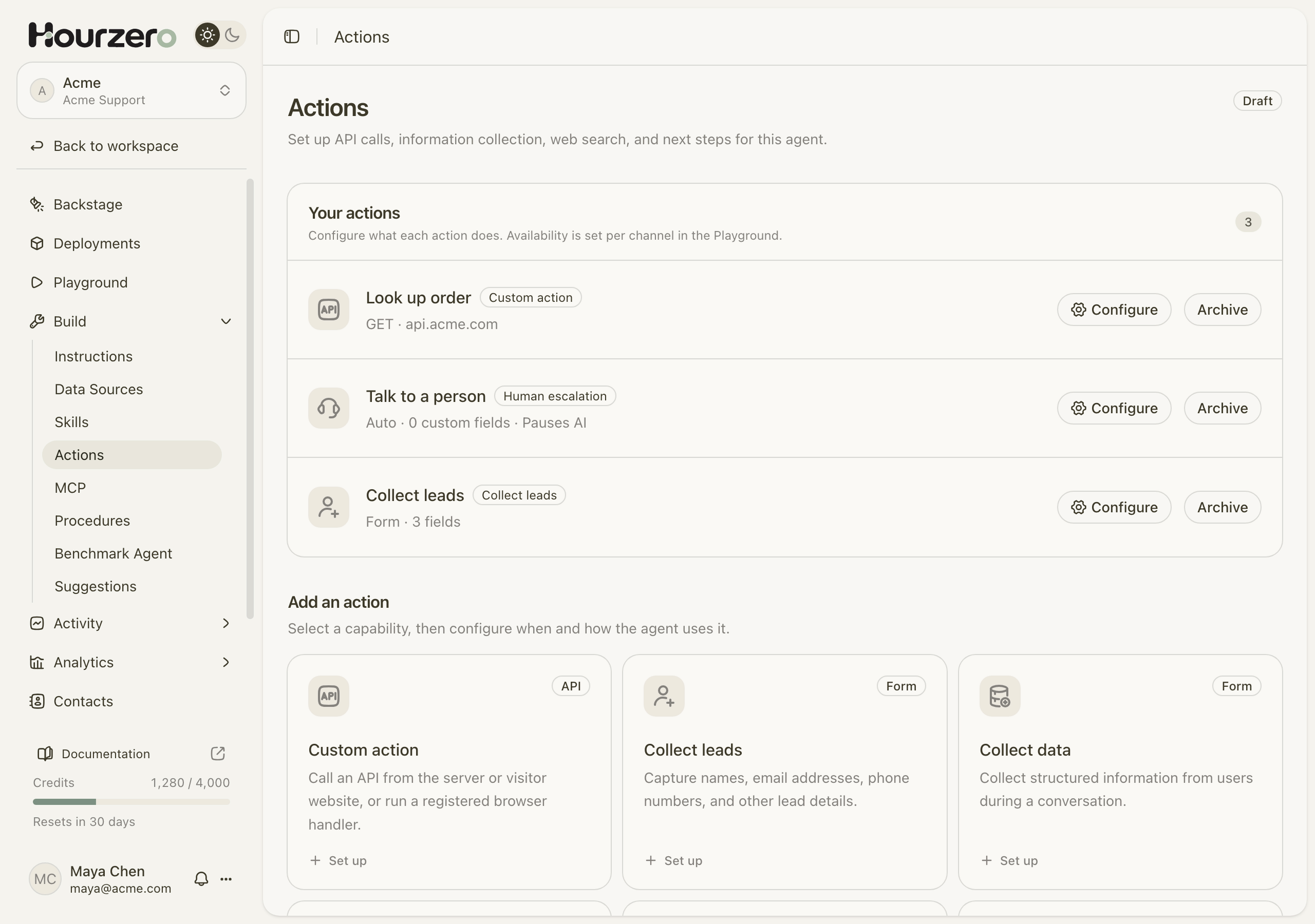 The Actions page with three configured actions and the Add an action catalog