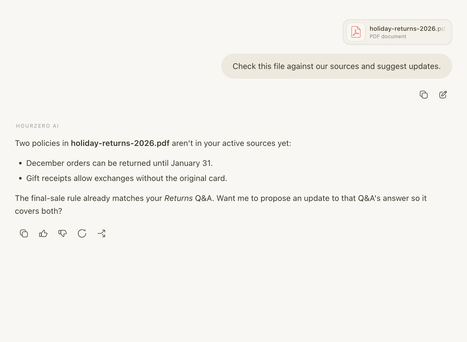 Backstage comparing a holiday returns PDF with the agent's sources and listing two missing policies