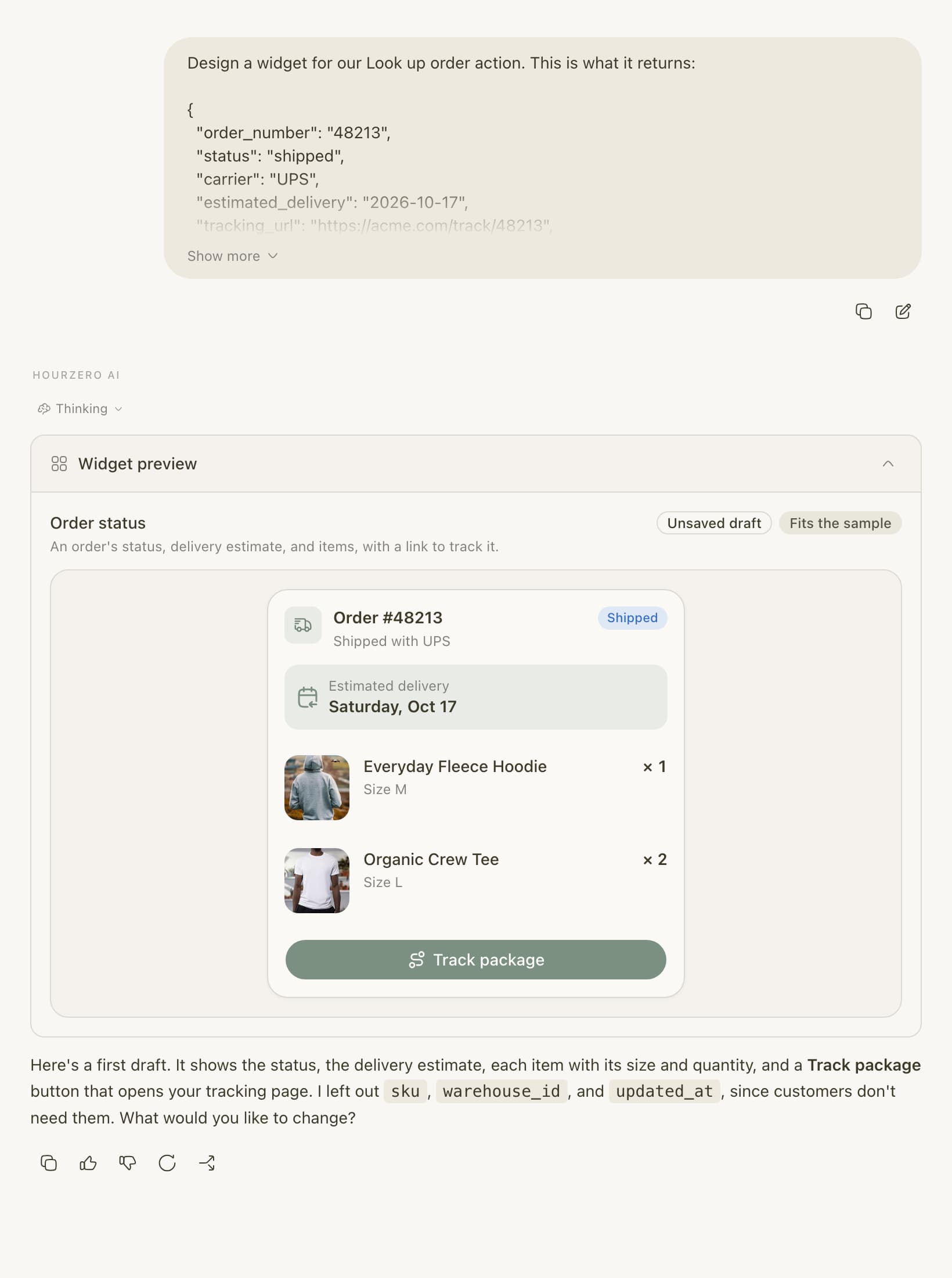 Backstage turning a pasted order API response into a draft order card with the status, delivery date, items, and a Track package button