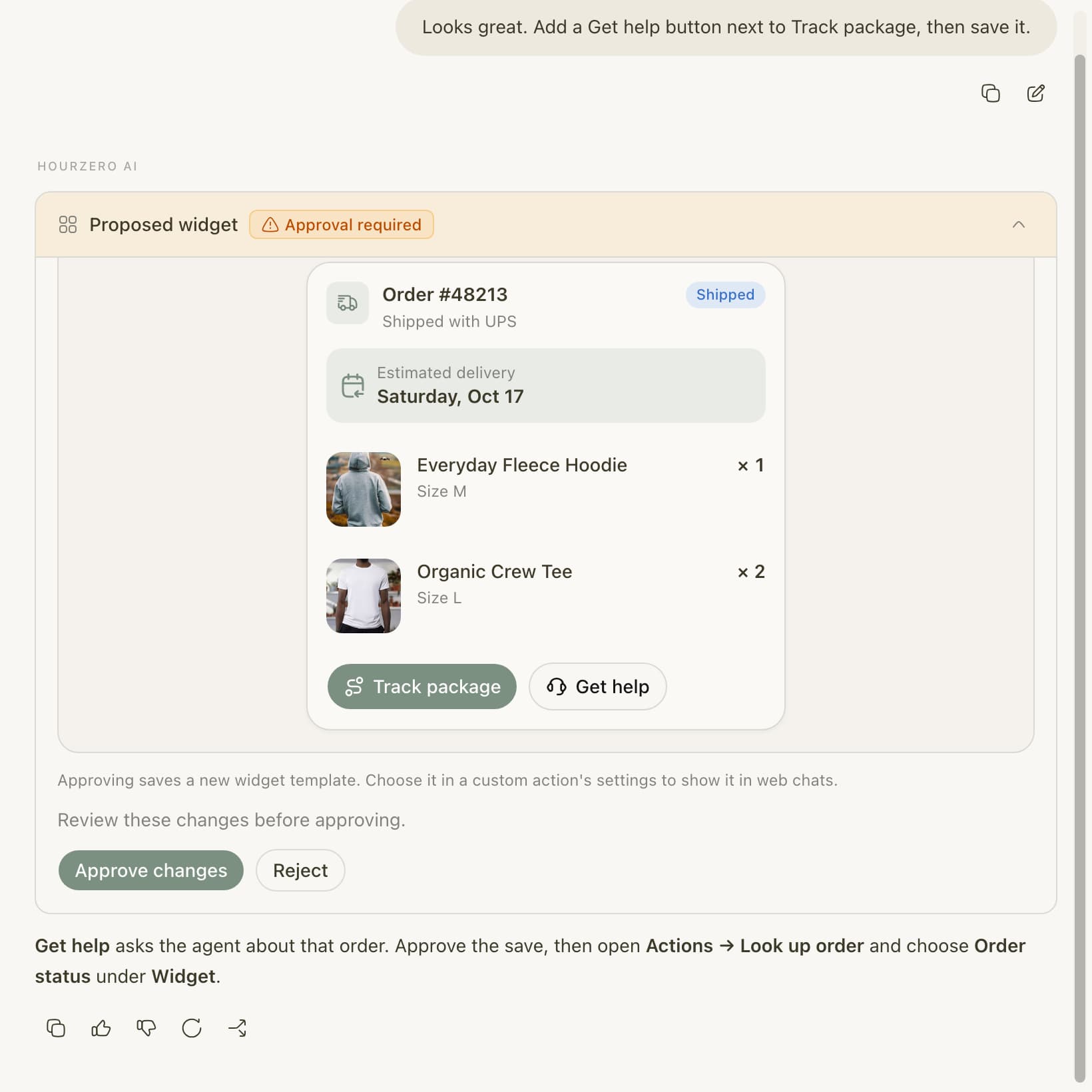 Backstage proposing to save the order card with a new Get help button, with Approve changes and Reject buttons