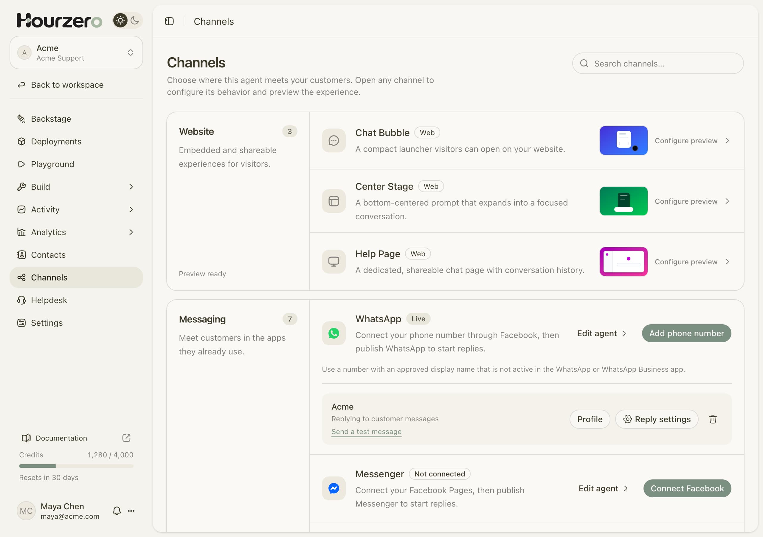The Channels page with WhatsApp marked Live and the connected Acme number showing Profile and Reply settings