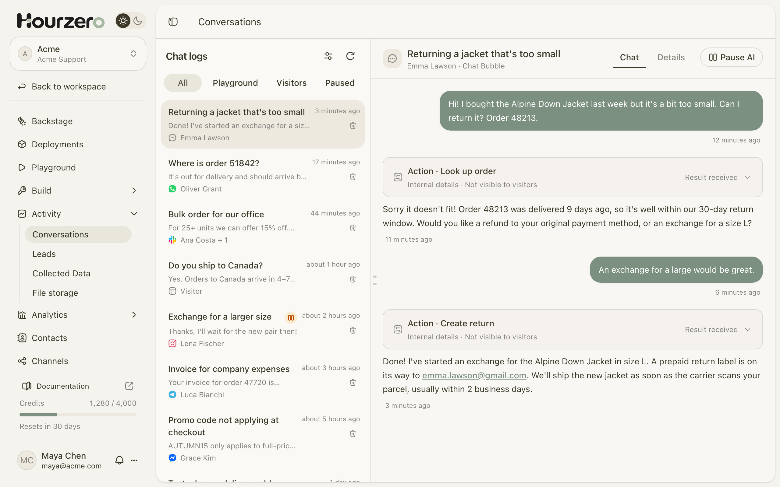 The Conversations page with chats from several channels on the left and an open jacket return thread on the right