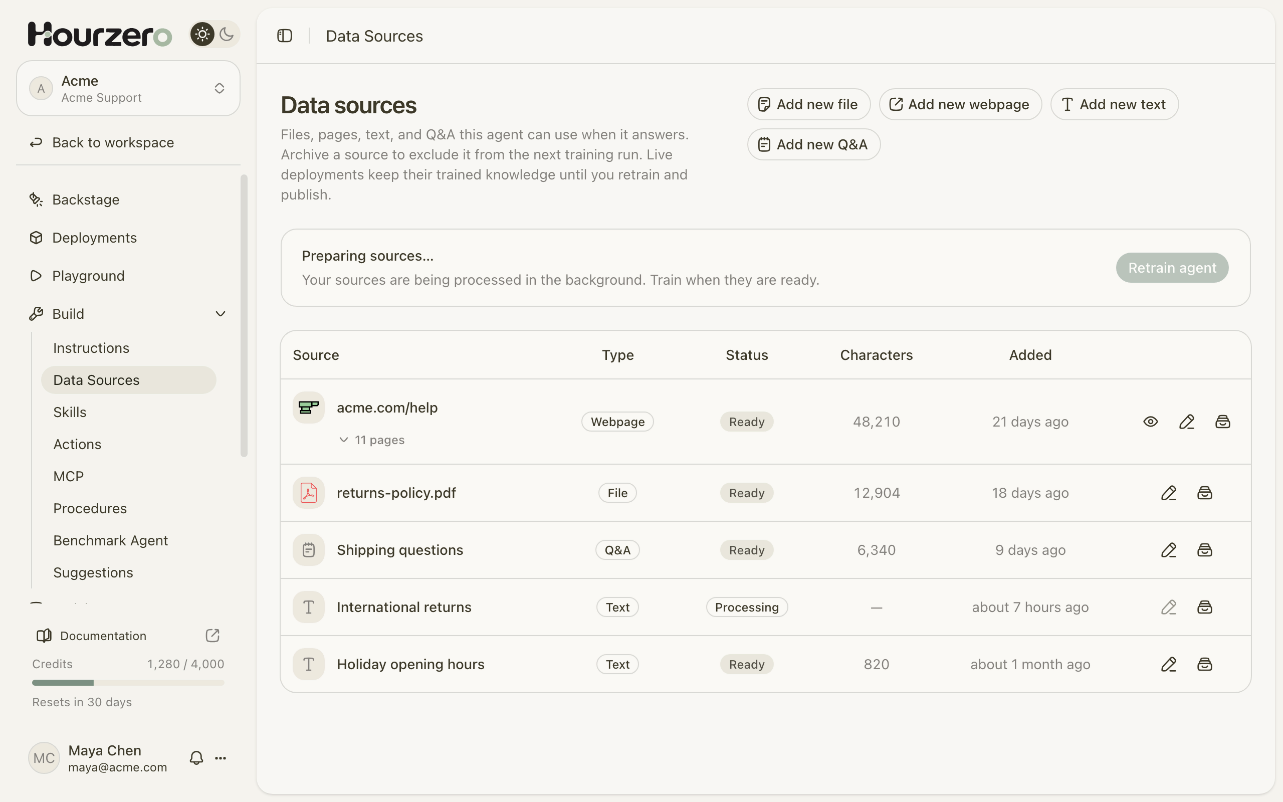 Data sources: a help center, a returns policy PDF, and shipping Q&A, all trained
