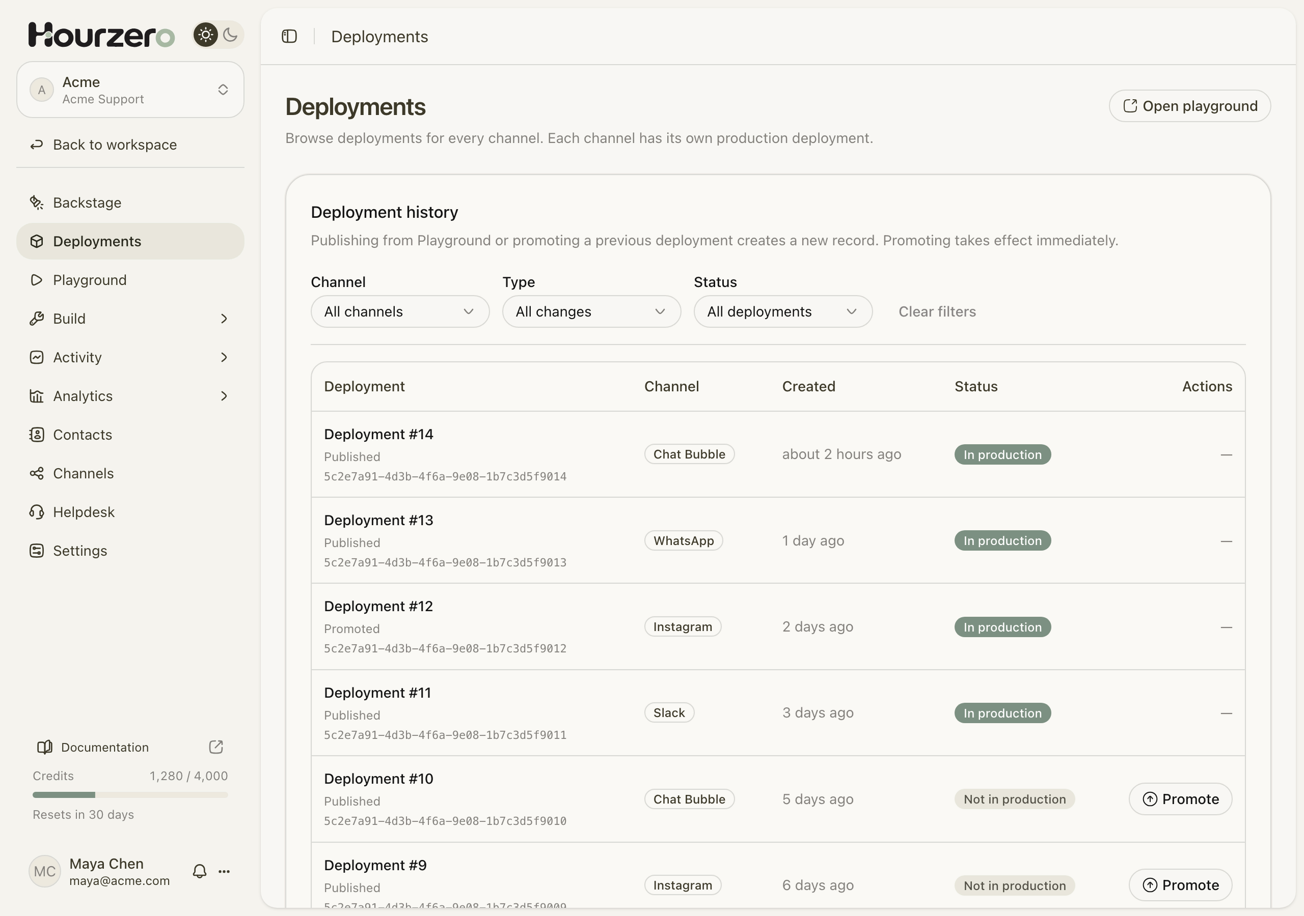 The Deployments page listing numbered versions for Chat Bubble, WhatsApp, Instagram, and Slack, with In production and Promote labels