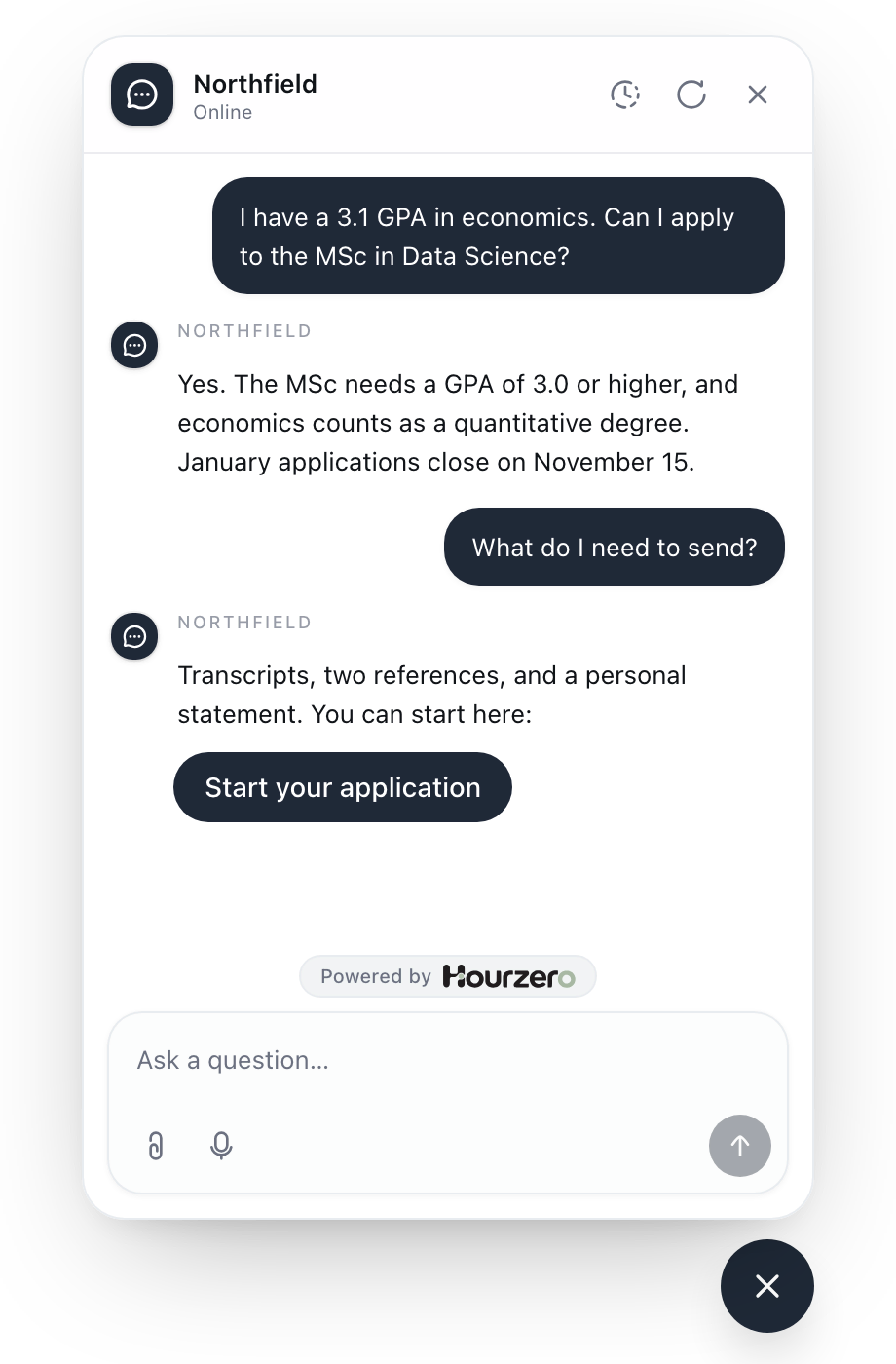 A chat where a university's agent answers an admissions question and offers a Start your application button