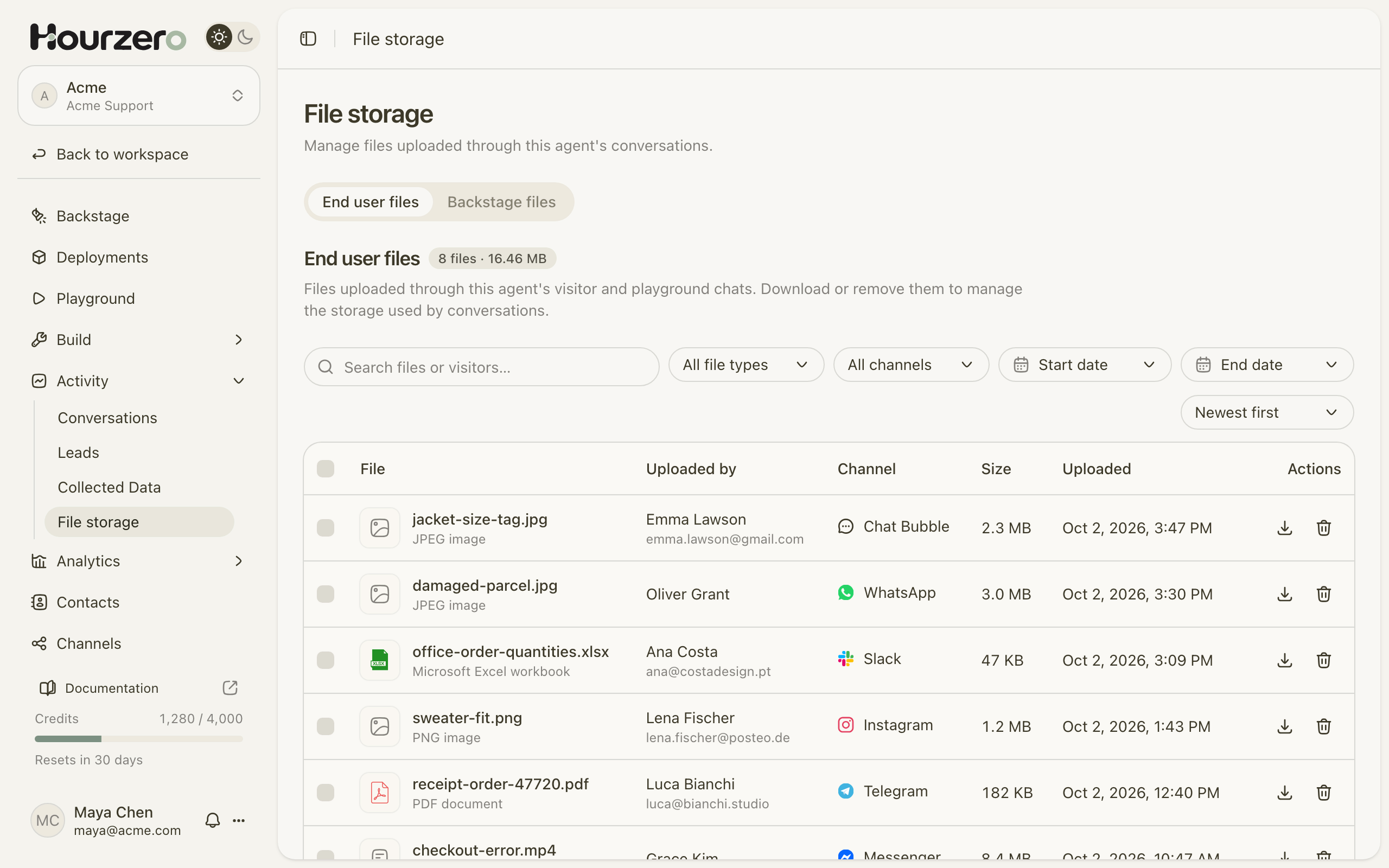 The File storage page listing photos, a spreadsheet, and a PDF uploaded by customers on several channels