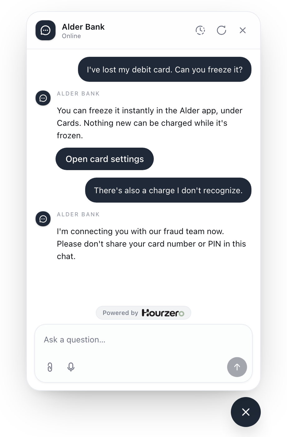 A customer reports a lost debit card and is shown where to freeze it, then reports an unknown charge and is connected to the fraud team