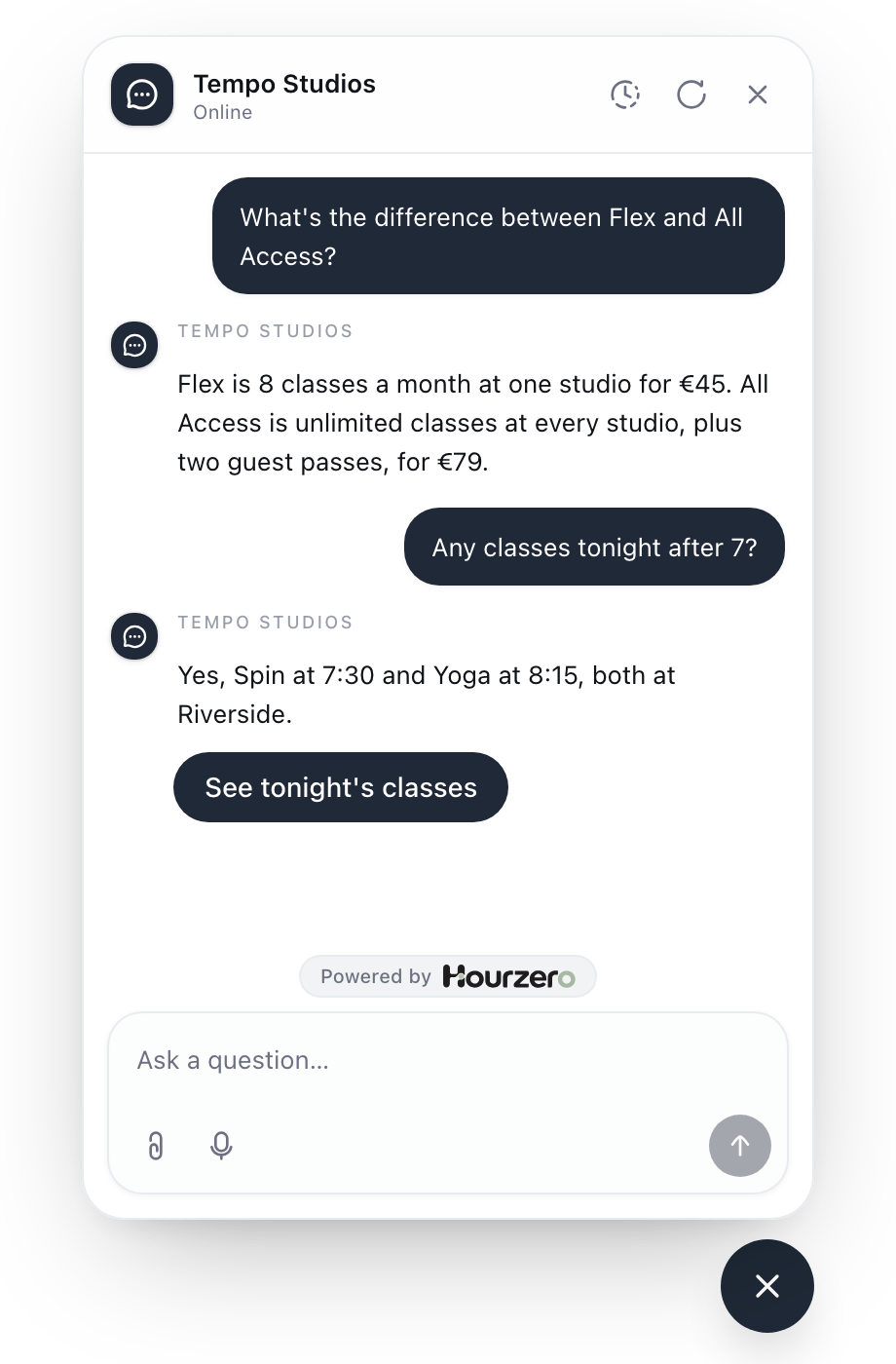 A visitor compares two membership plans, asks about classes tonight, and gets a link to the timetable