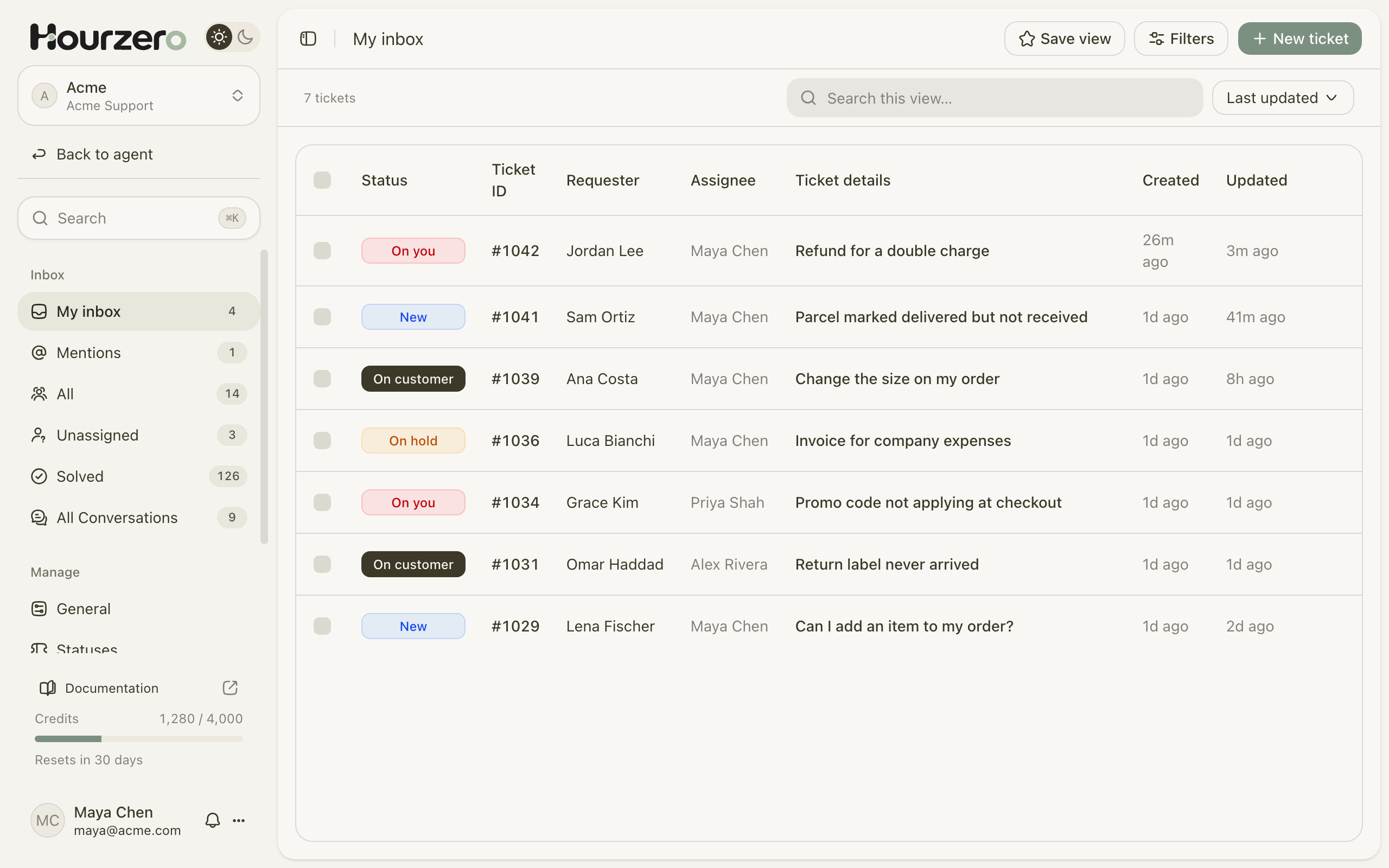 The helpdesk inbox with open tickets and a conversation