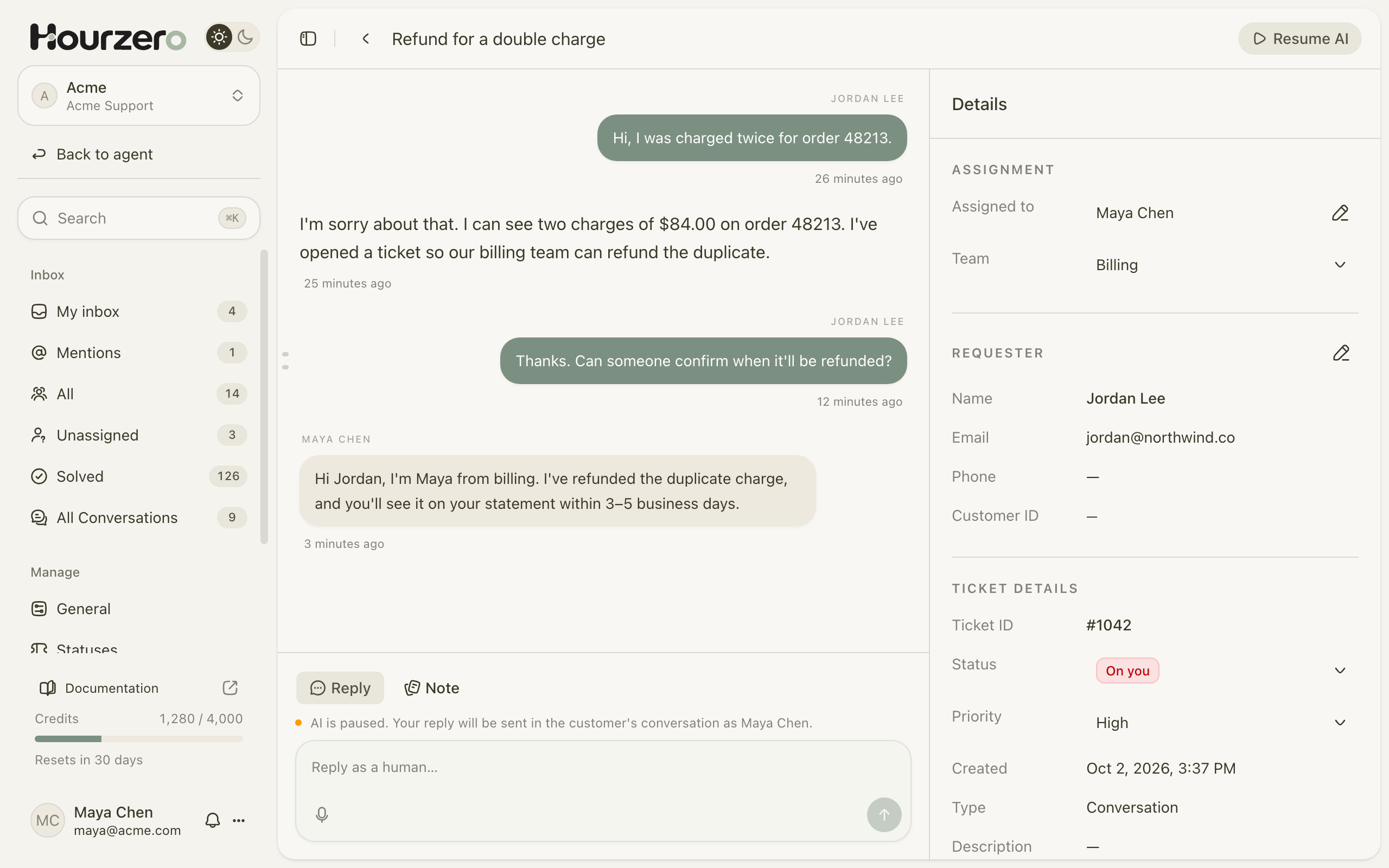 A Helpdesk ticket for a double charge: the full conversation, Maya's reply, and the ticket details