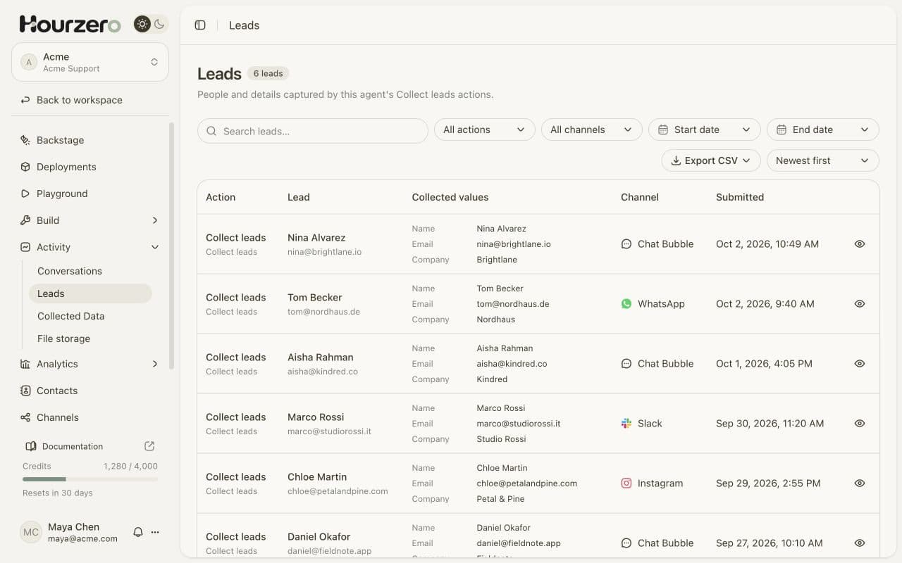 The Leads page listing people with their name, email, and company, collected on Chat Bubble, WhatsApp, Slack, and Instagram