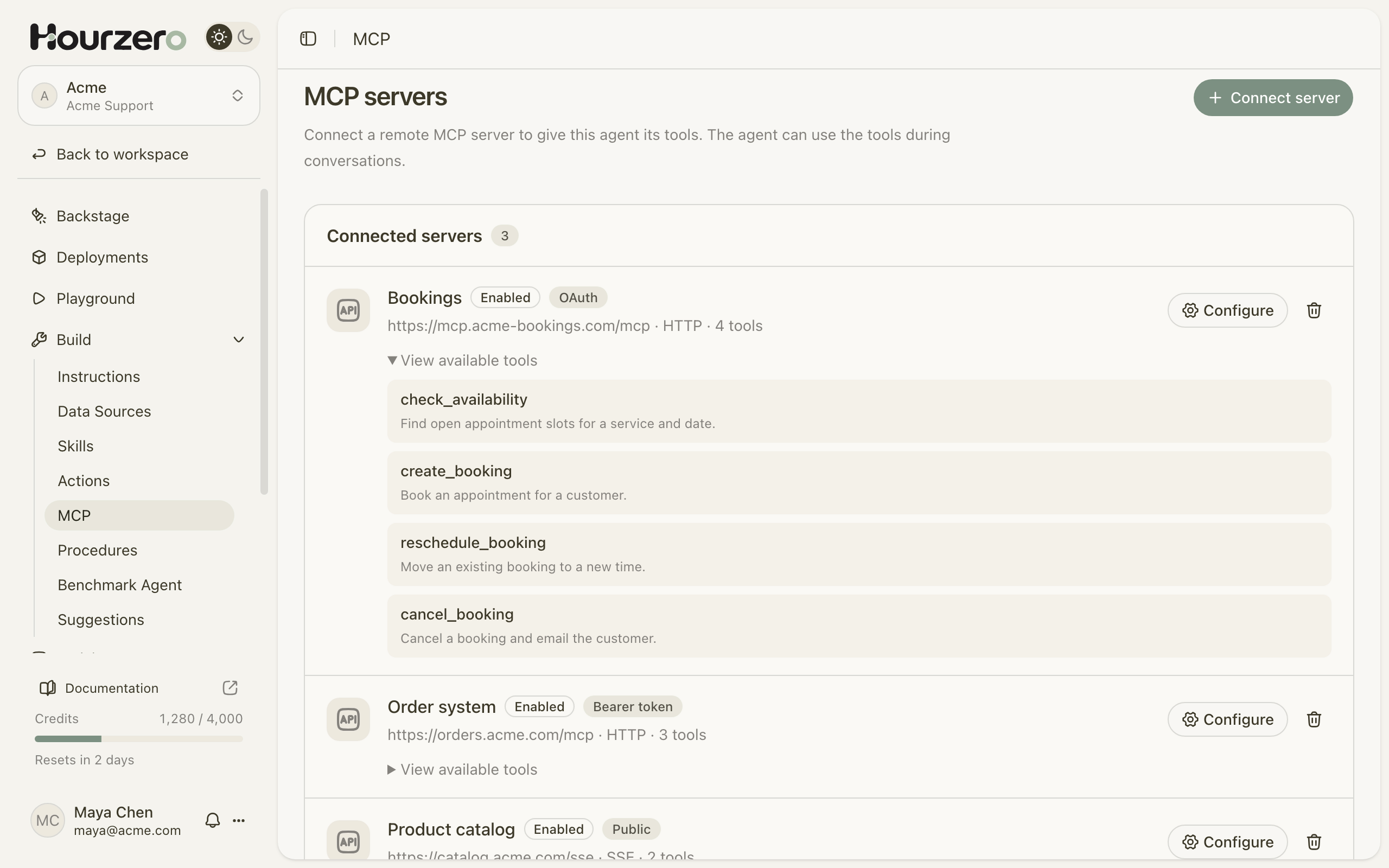 The MCP page with three connected servers and the tools one of them offers