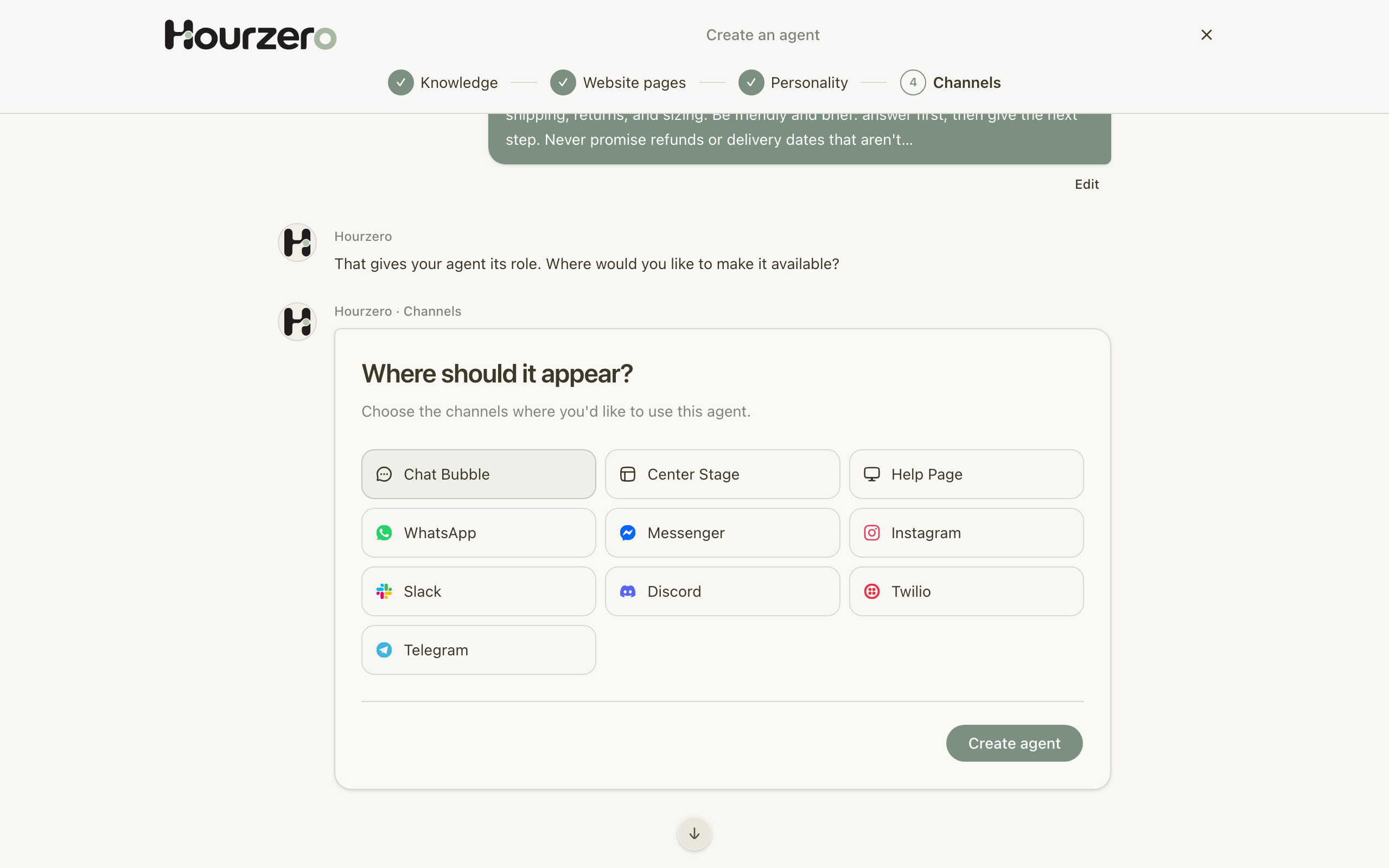 The channel picker with Chat Bubble selected among website and messaging channels
