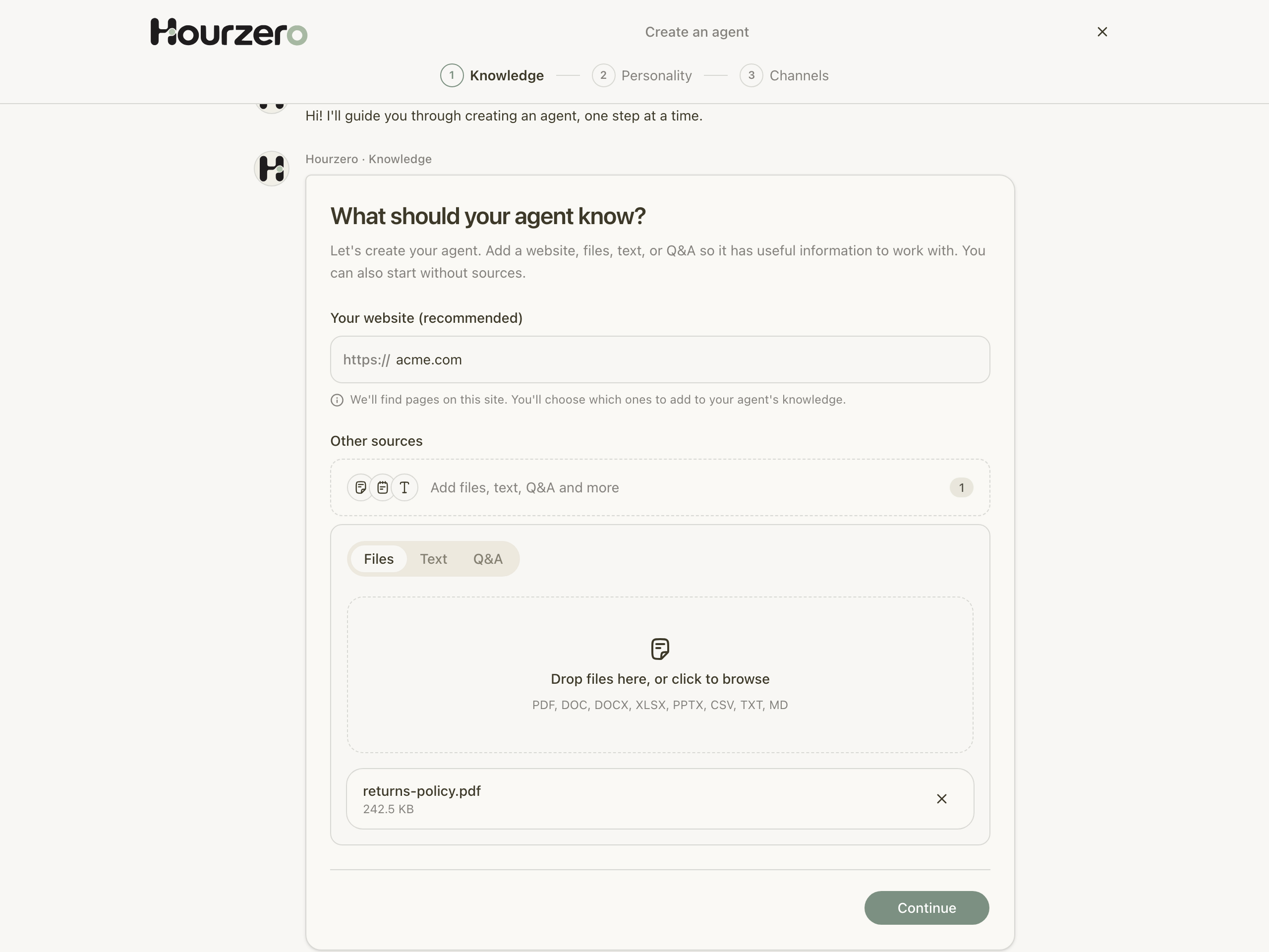 The agent setup assistant asking "What should your agent know?" with acme.com entered and a returns policy PDF added