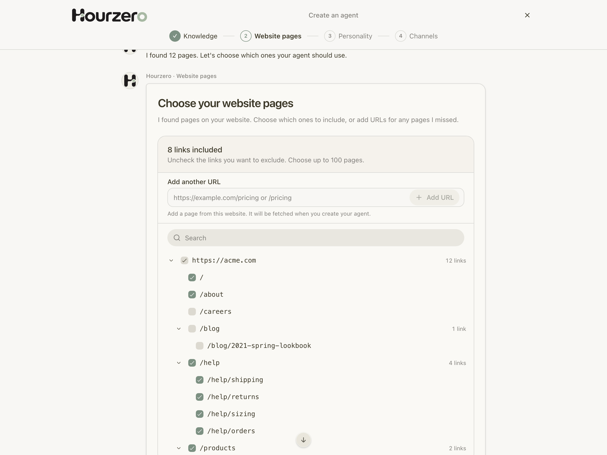 The page picker showing pages found on the website, grouped by section, with checkboxes