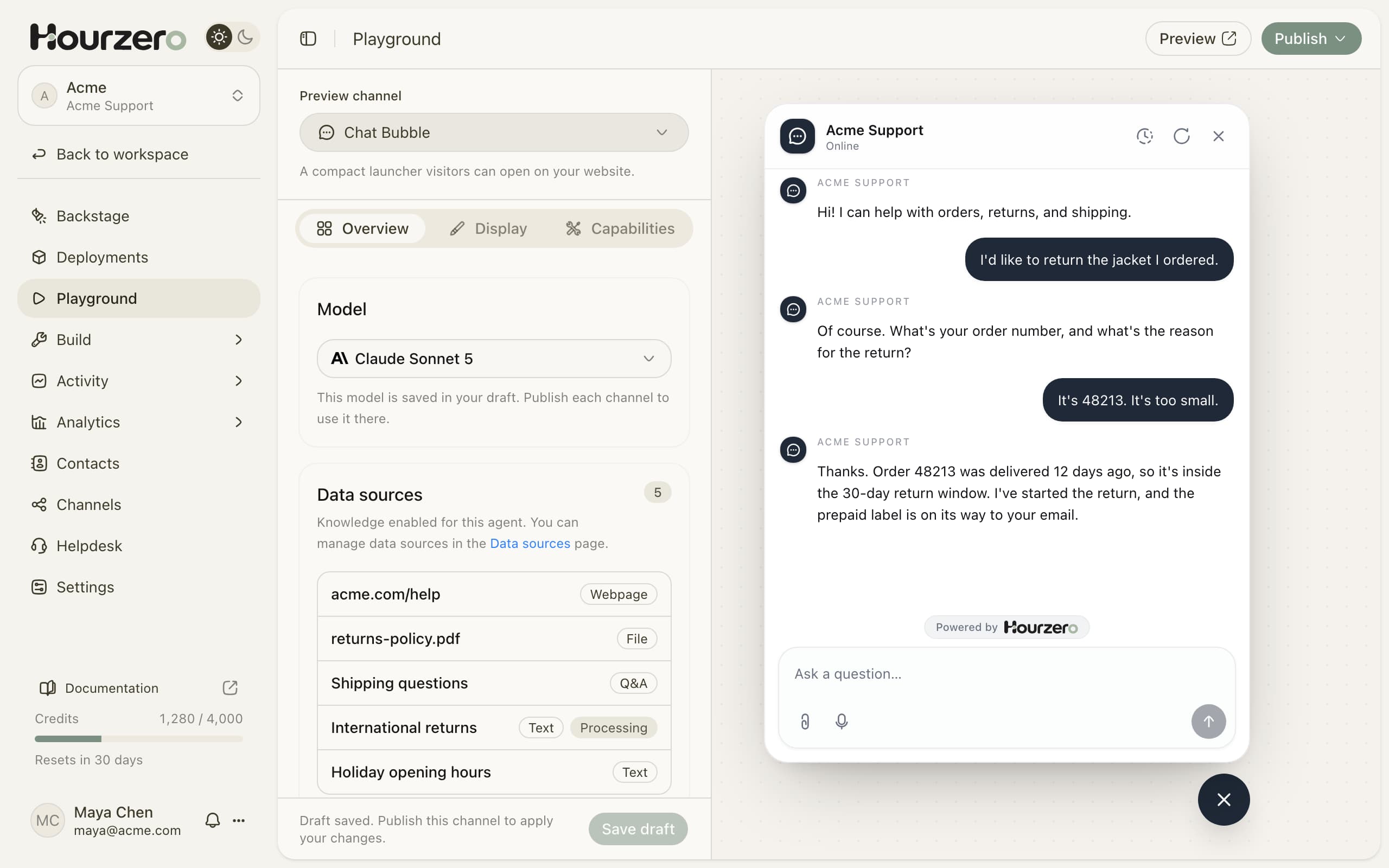 The Hourzero Playground: settings on the left and a live chat with the Acme Support agent on the right