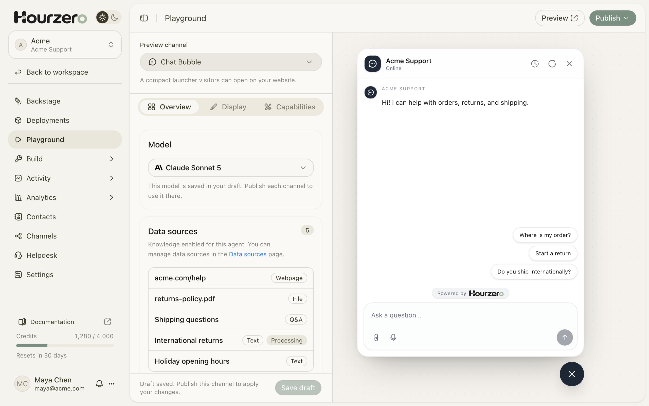 The Playground, with the agent's settings on the left and a live chat preview on the right