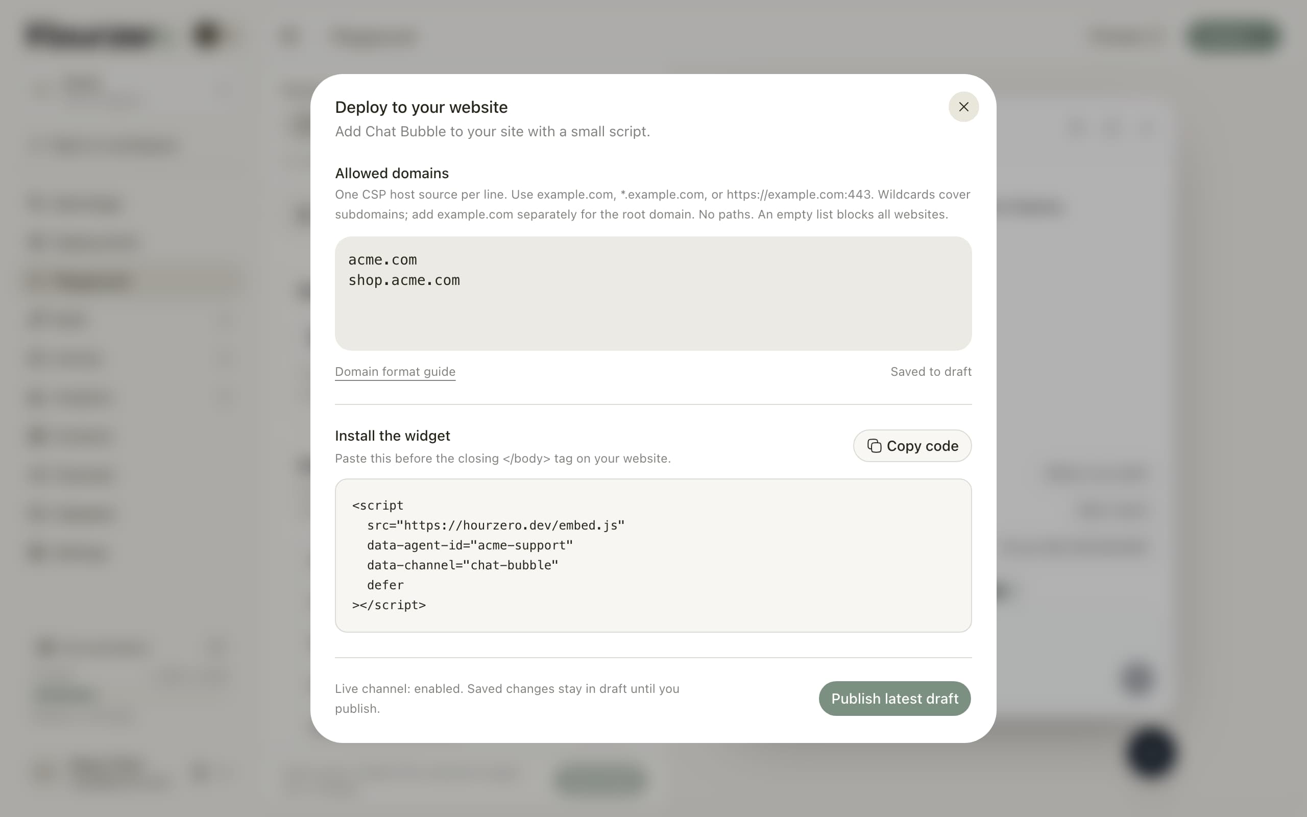 The Deploy to your website dialog with the allowed domains and the script to paste