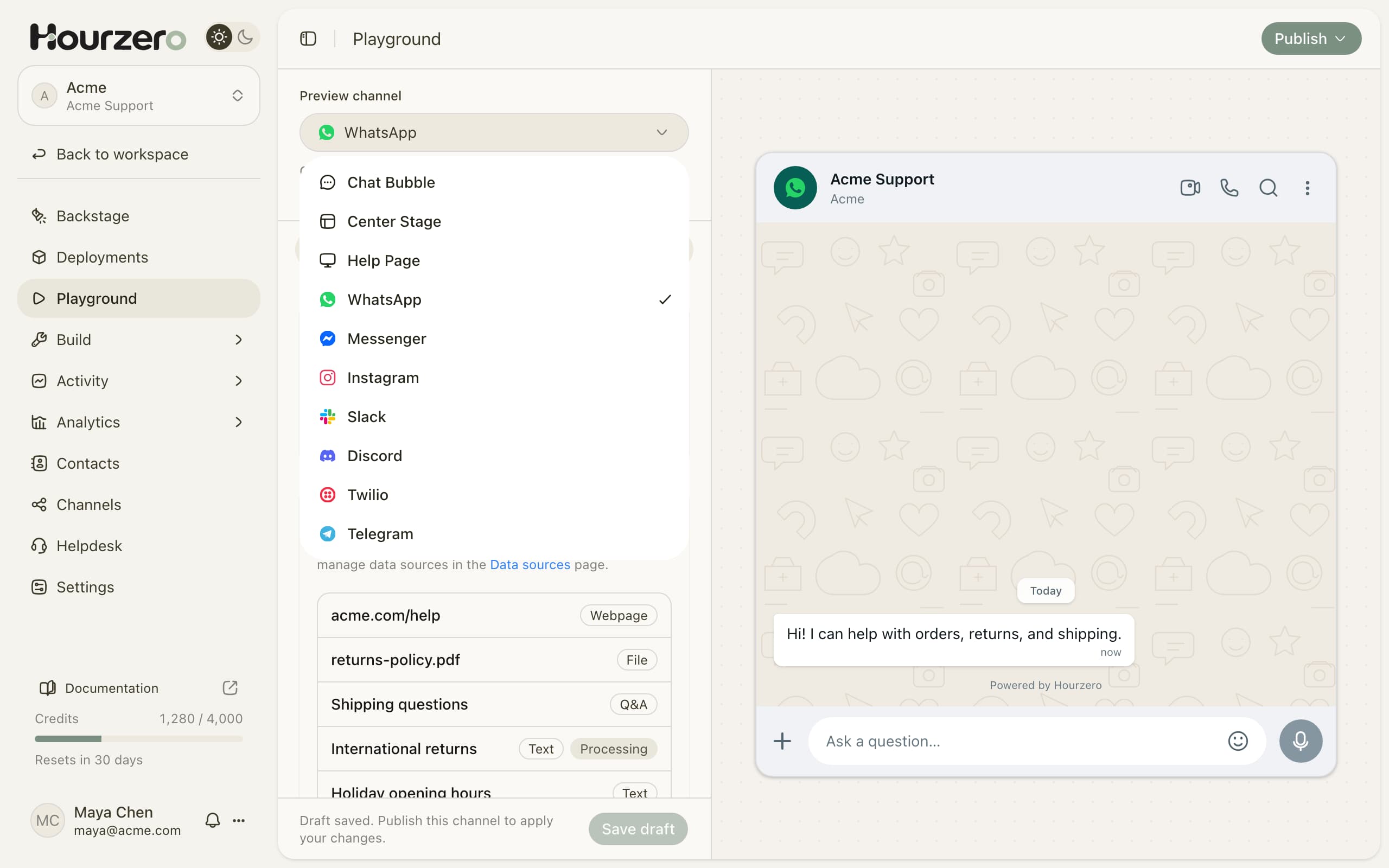 The Playground's channel picker listing every channel over a WhatsApp-style preview