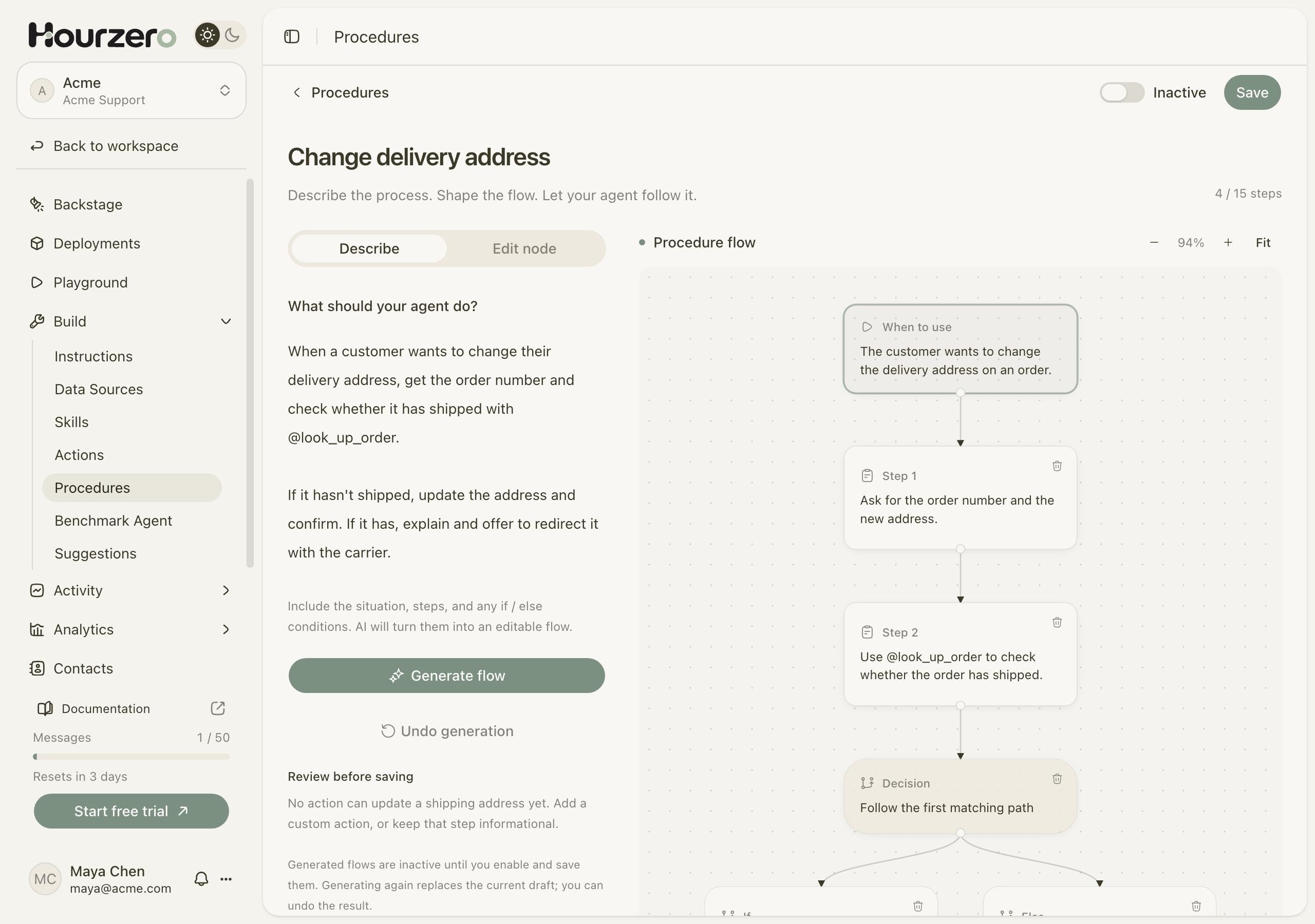 Describing a delivery address change in plain words and turning it into a step-by-step flow