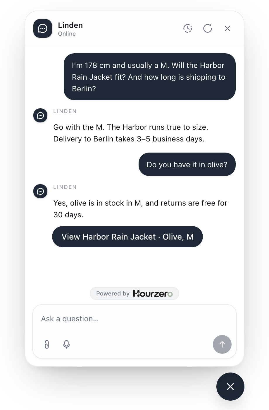 A shopper asks whether a rain jacket fits and how long shipping takes, then gets a link to the jacket in olive, size M