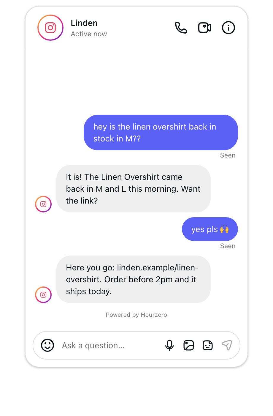 A clothing shop's agent answering a stock question in an Instagram direct message