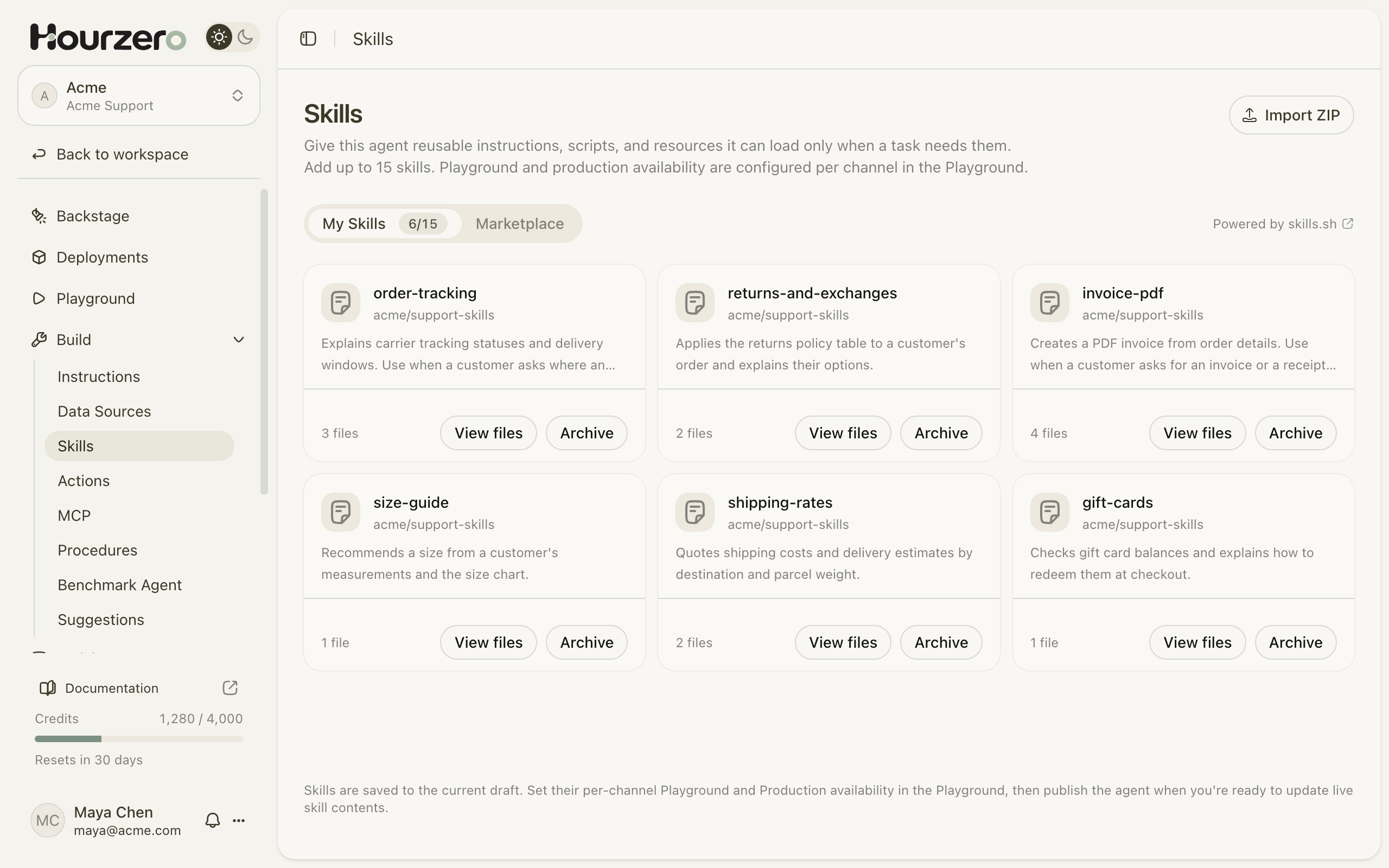 Build → Skills with four skills added to Acme Support
