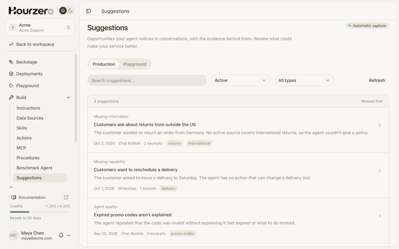 Suggestions from real conversations, including information customers asked for that the sources didn't cover