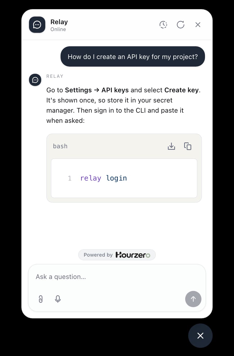 A user asks how to create an API key, and the agent explains where to find it and the command to sign in to the CLI