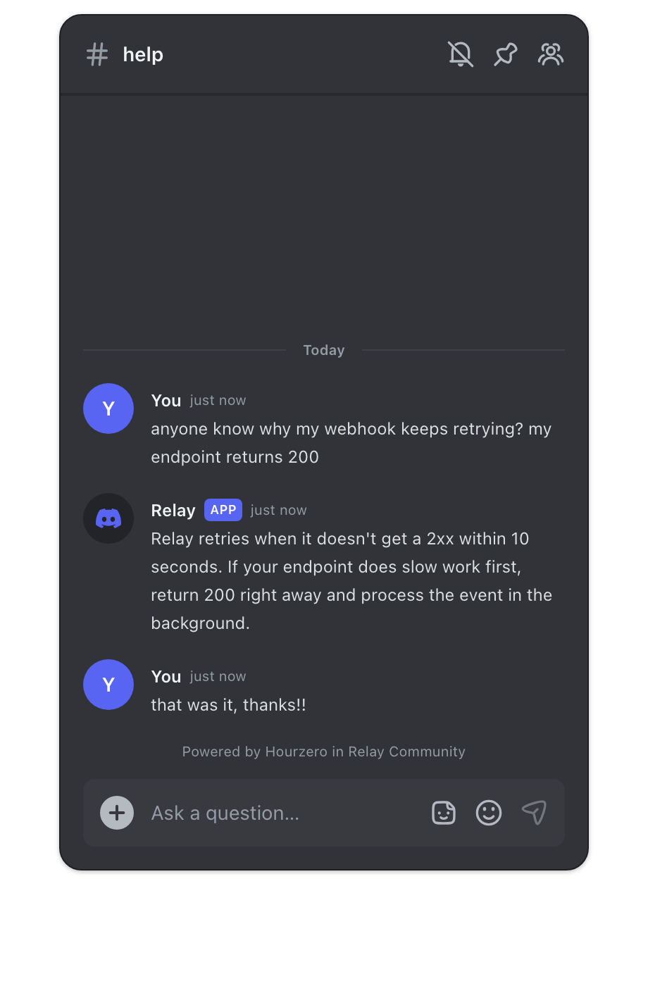A software company's agent answering a webhook question in a Discord help channel