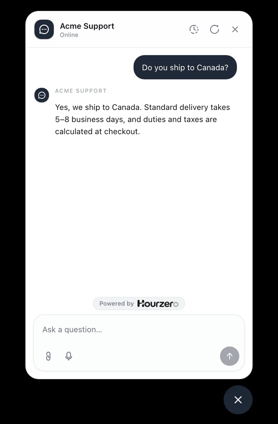 Acme Support answering a shipping question in the website chat bubble
