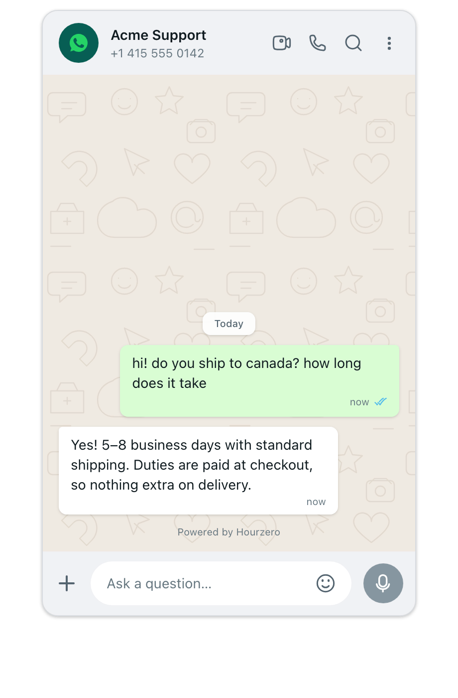 The same Acme Support agent replying on WhatsApp