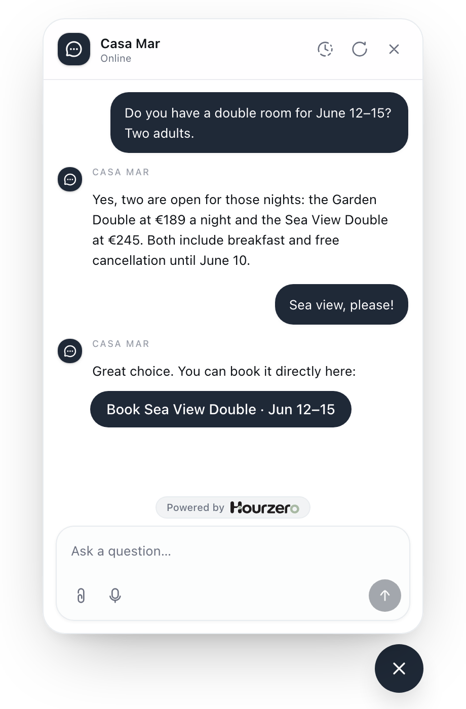 A guest asks about a double room for June 12 to 15, gets two options with prices, and a button to book the sea view room