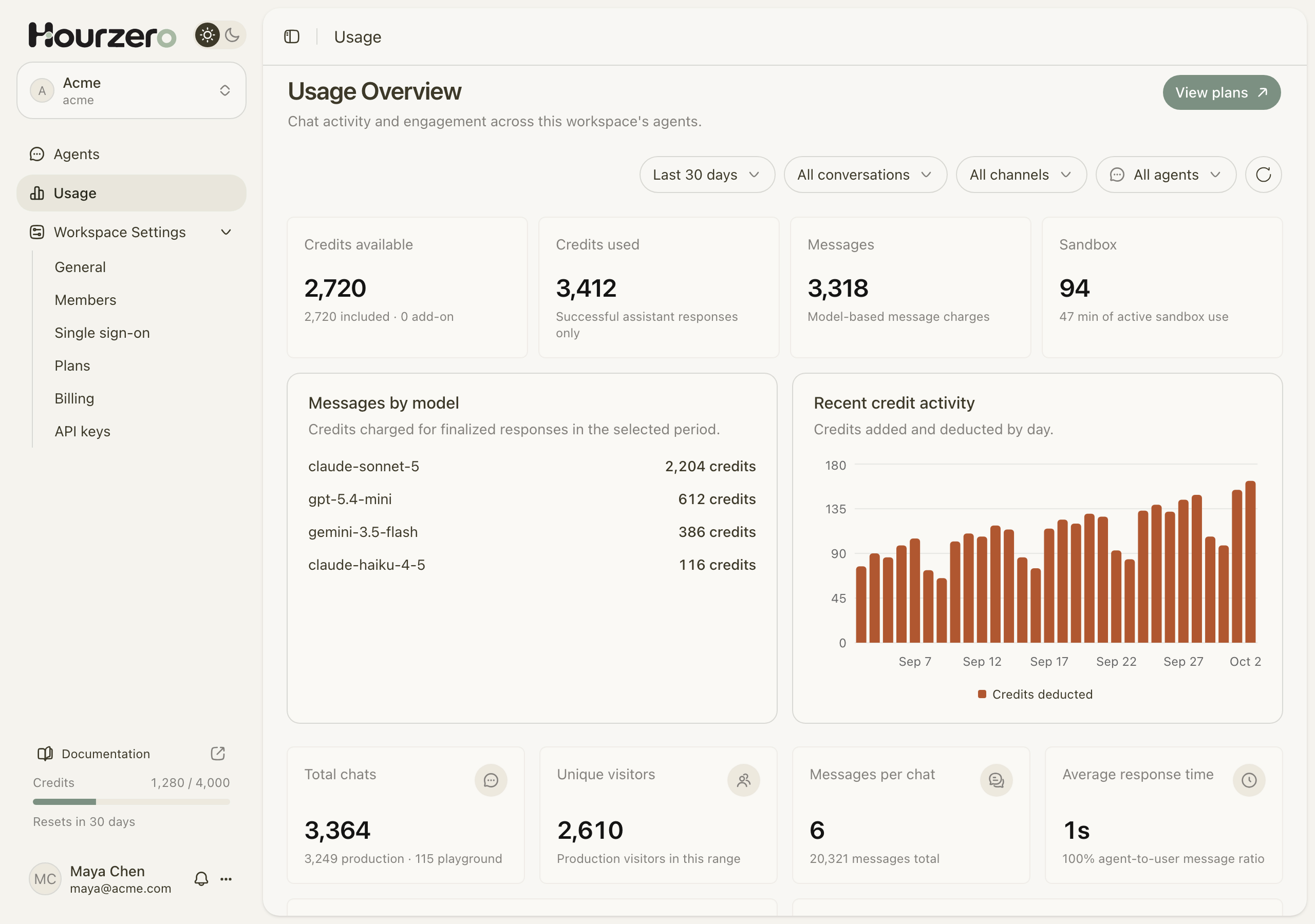 The Usage Overview page with filters, credit totals, credits by model, a daily credit chart, and chat totals