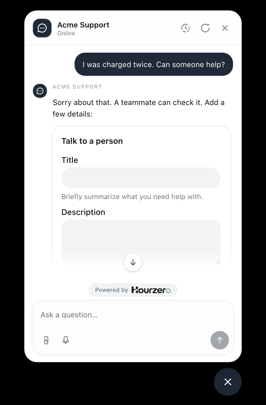 The agent offering a support form after a customer reports a double charge