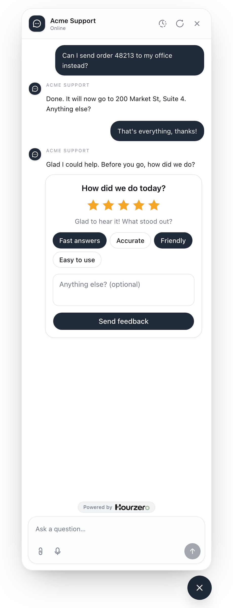 The agent ending a chat with a short survey: five stars, quick tags, an optional comment, and a Send feedback button