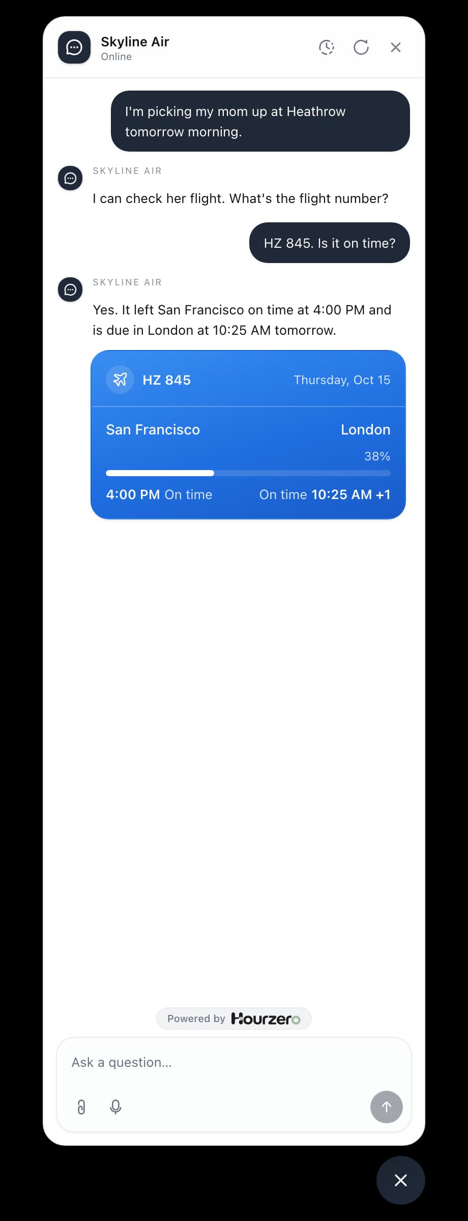 The agent confirming a flight is on time with a card showing the route, times, and progress