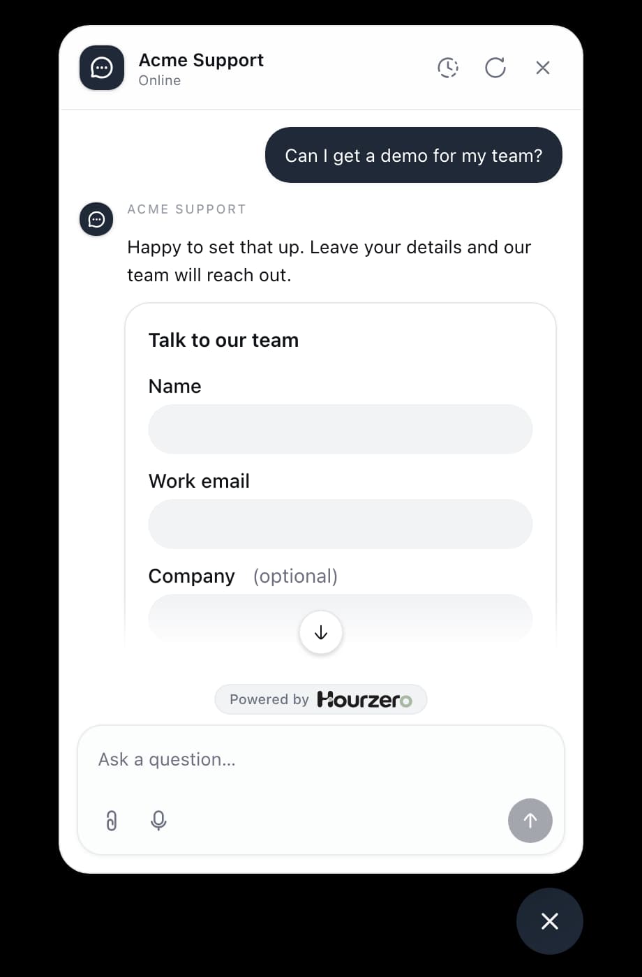 The agent offering a short form to a visitor who asked for a demo