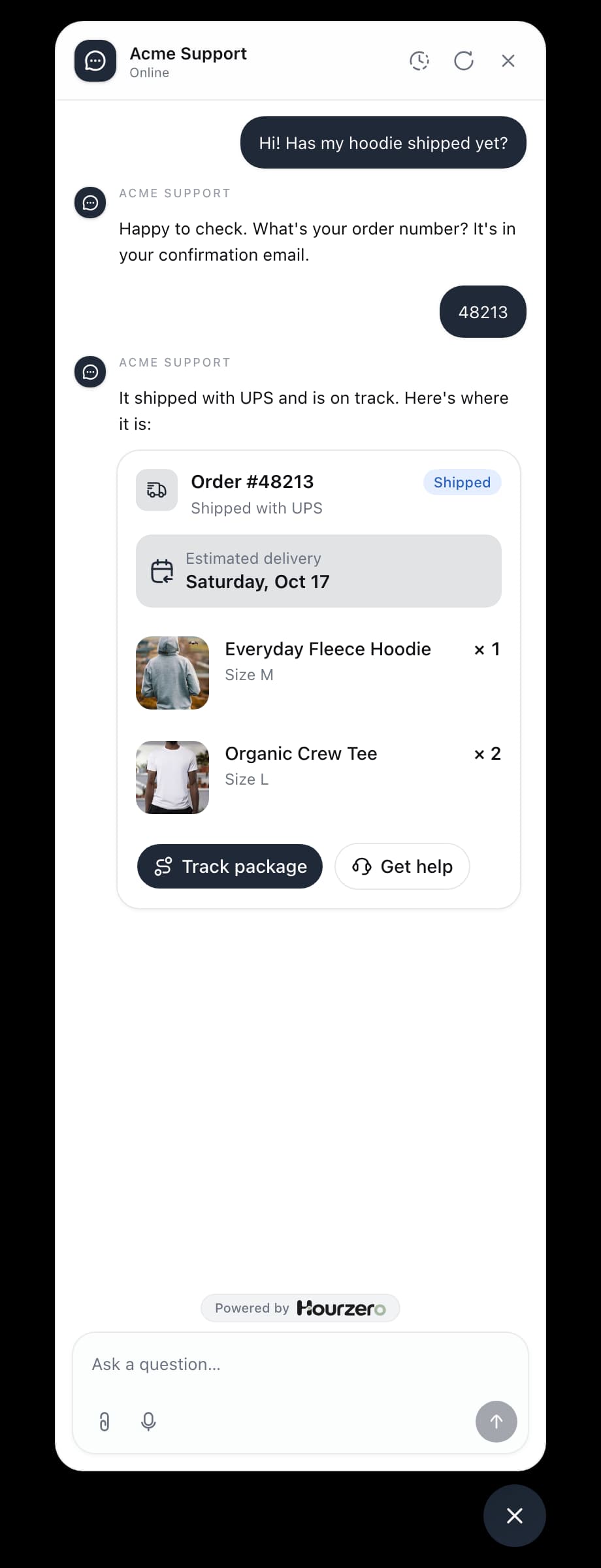 The agent answering a delivery question with an order card: status, delivery date, the items, and a Track package button