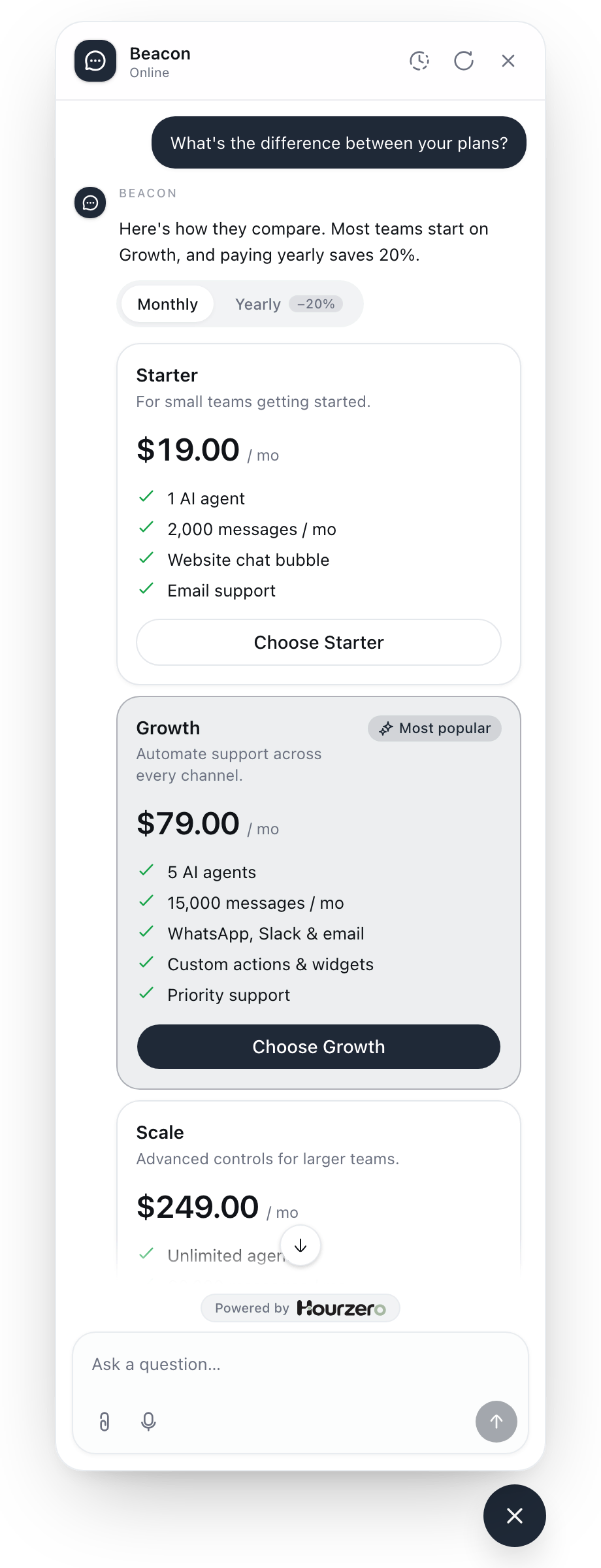 The agent comparing pricing plans with a monthly and yearly switch and a card for each plan