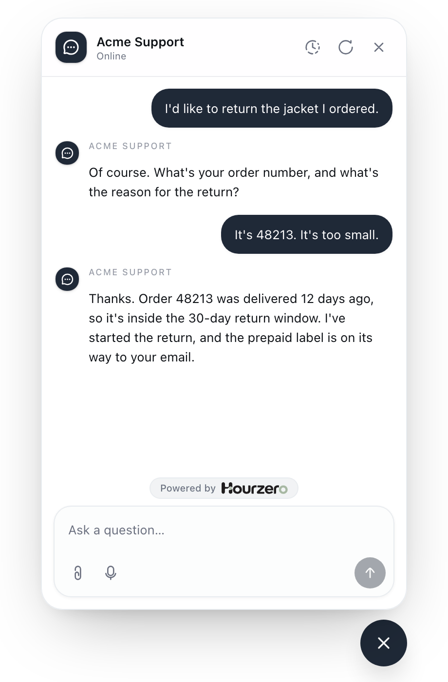 A customer returning a jacket: the agent asks for the order number, checks the 30-day window, and starts the return