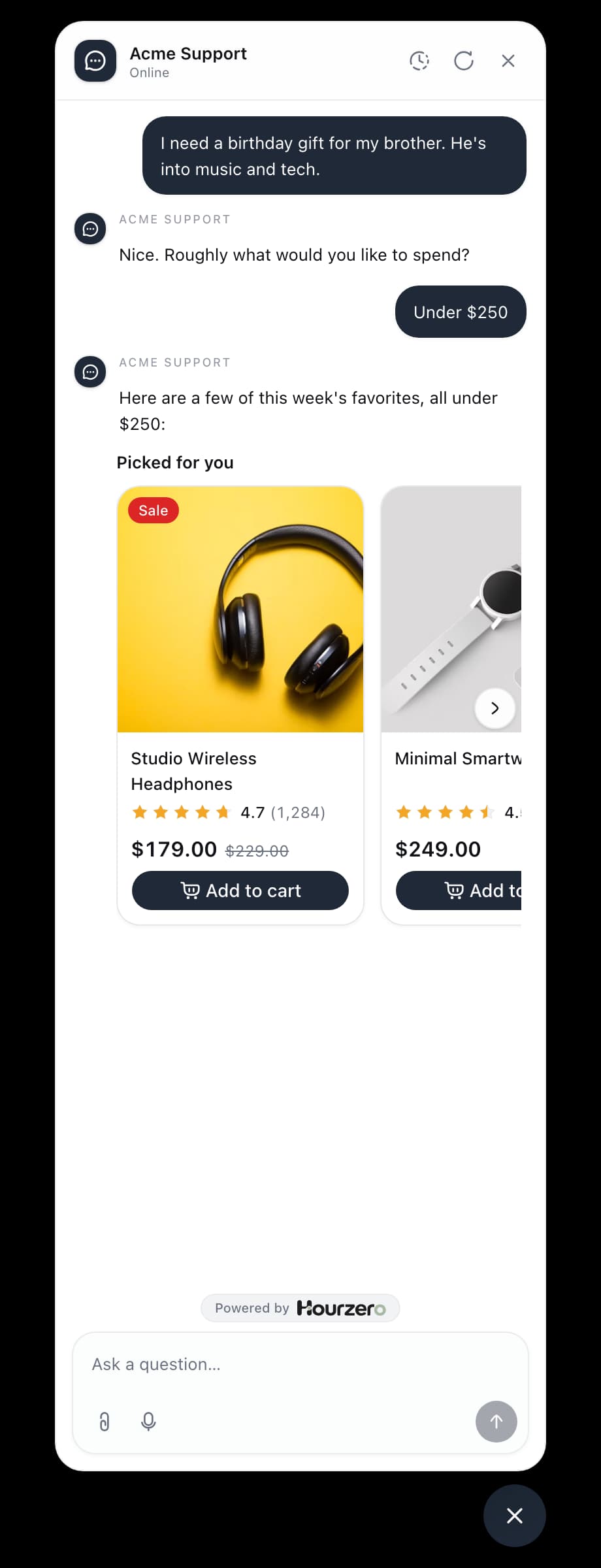 The agent suggesting gifts under $250 as a carousel of product cards with photos, ratings, prices, and Add to cart buttons