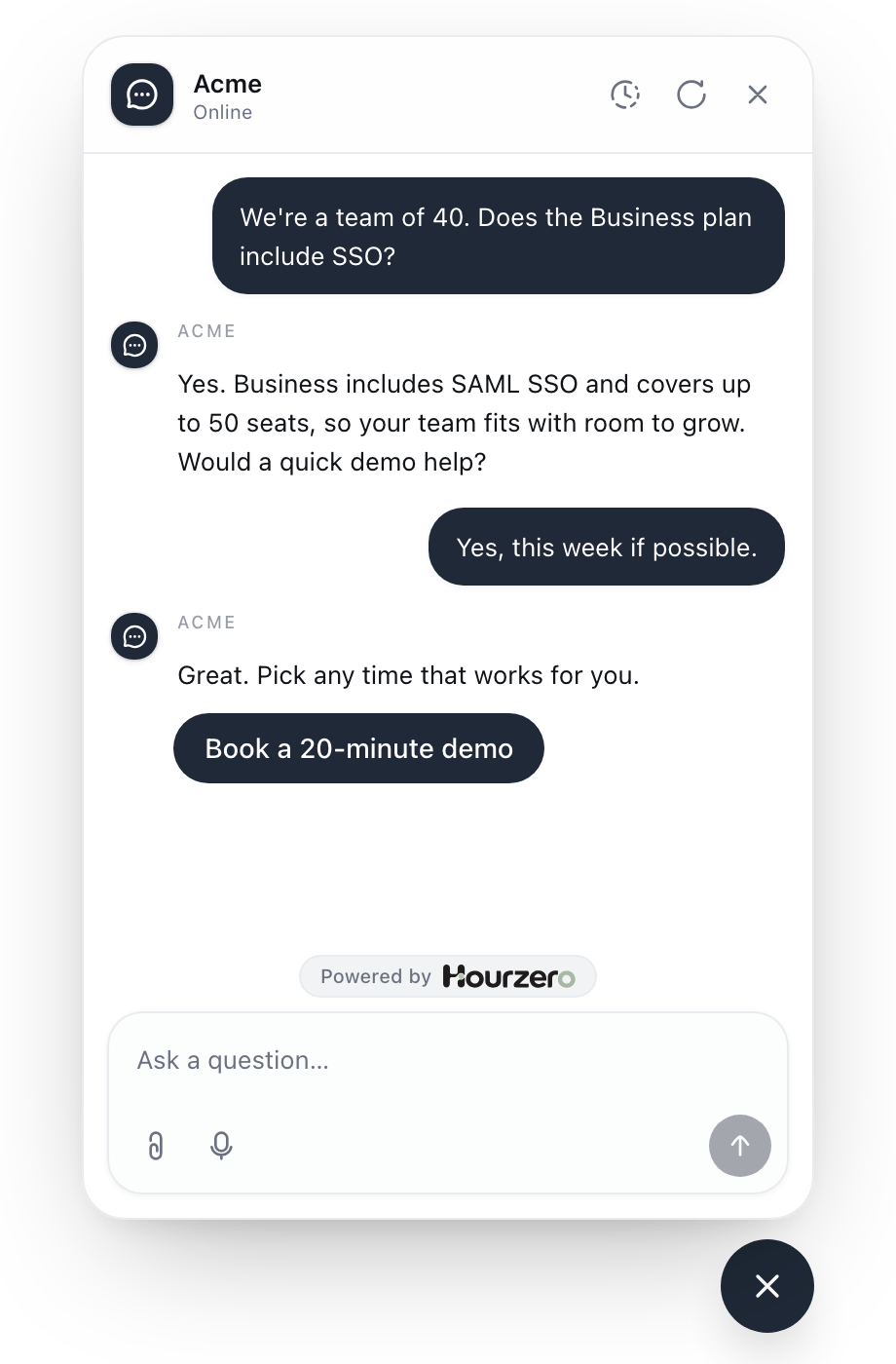 A chat where the agent answers a plan question and offers a Book a 20-minute demo button