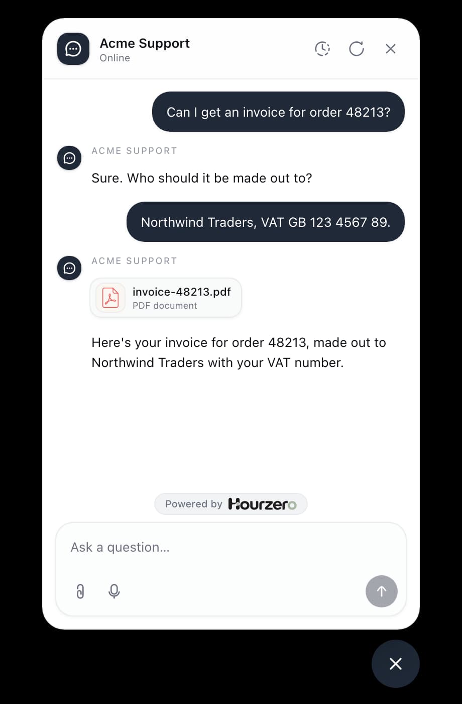 A customer asks for an invoice and receives a PDF made out to their company