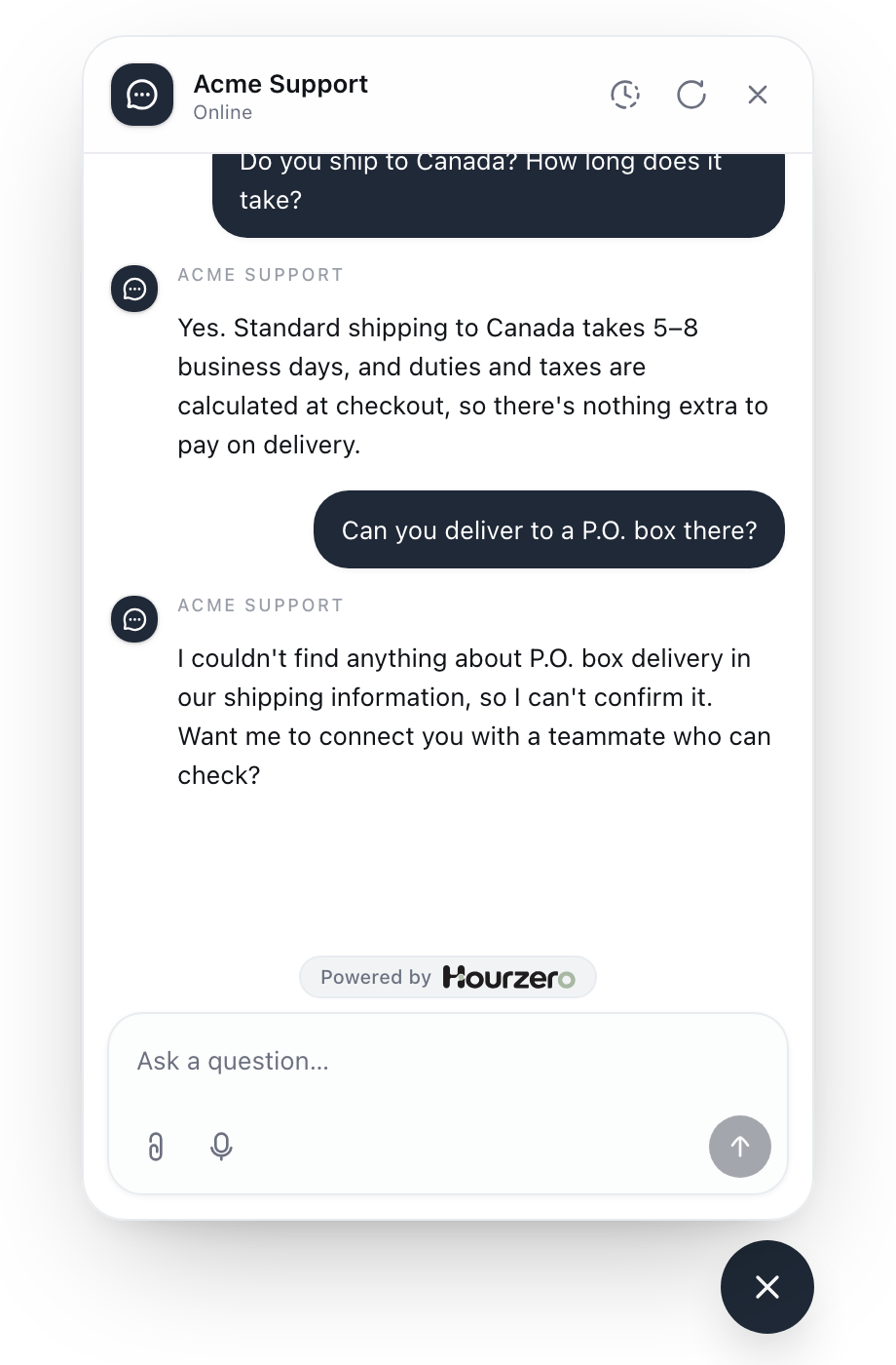 A customer asks Acme Support about shipping to Canada and gets a clear answer